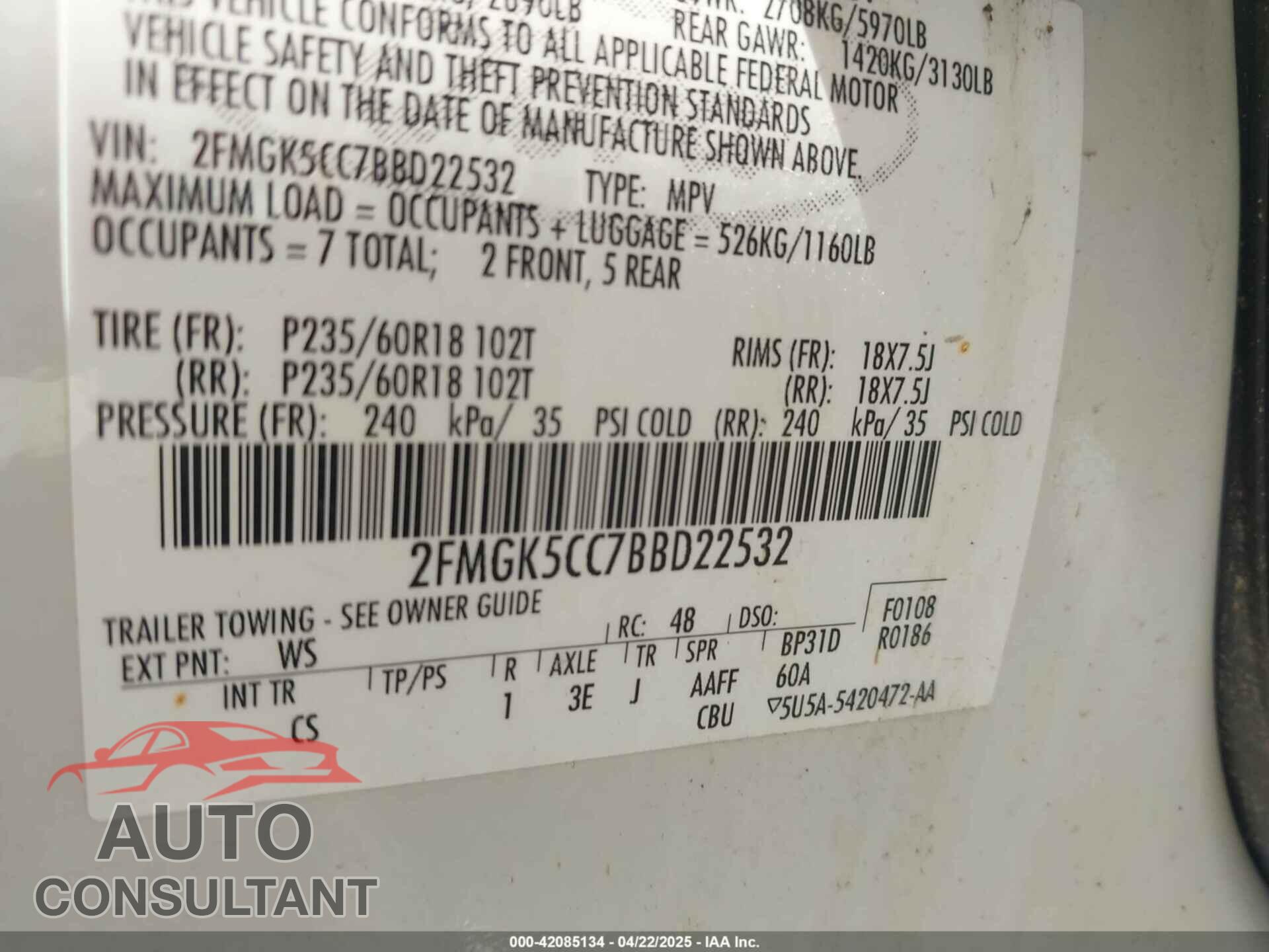 FORD FLEX 2011 - 2FMGK5CC7BBD22532
