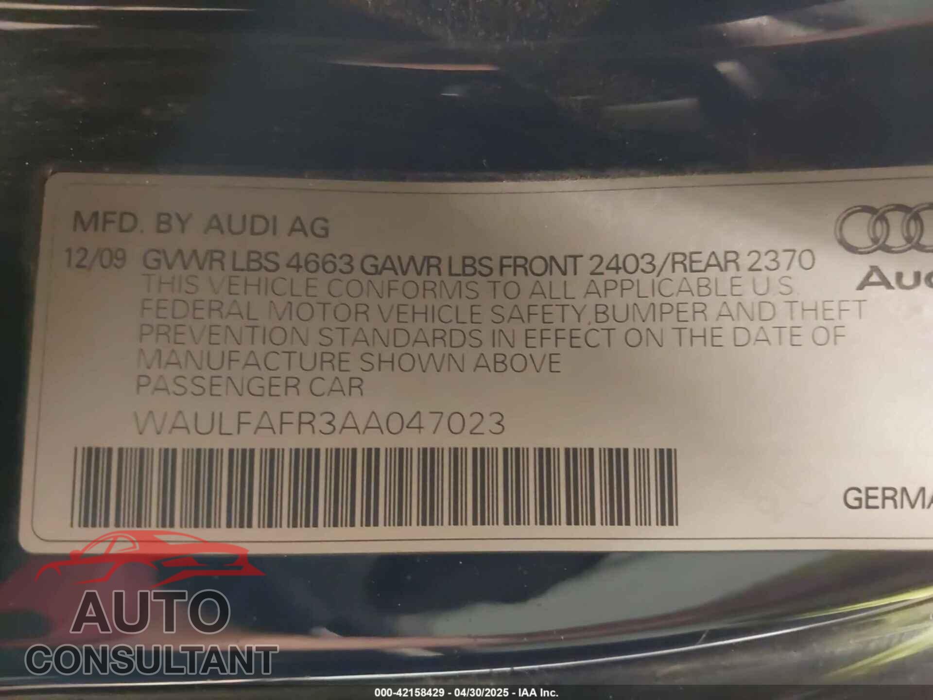 AUDI A5 2010 - WAULFAFR3AA047023