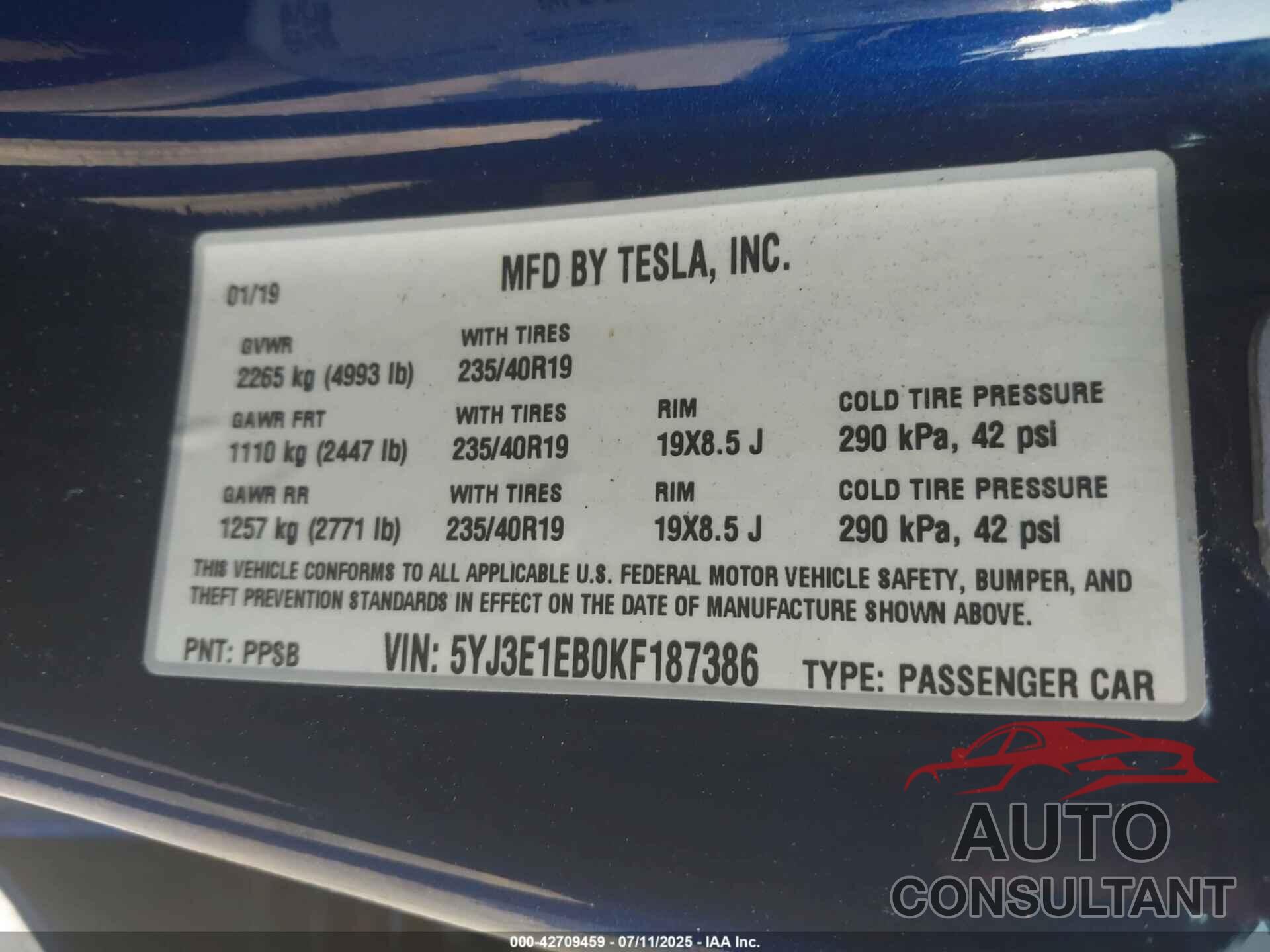 TESLA MODEL 3 2019 - 5YJ3E1EB0KF187386