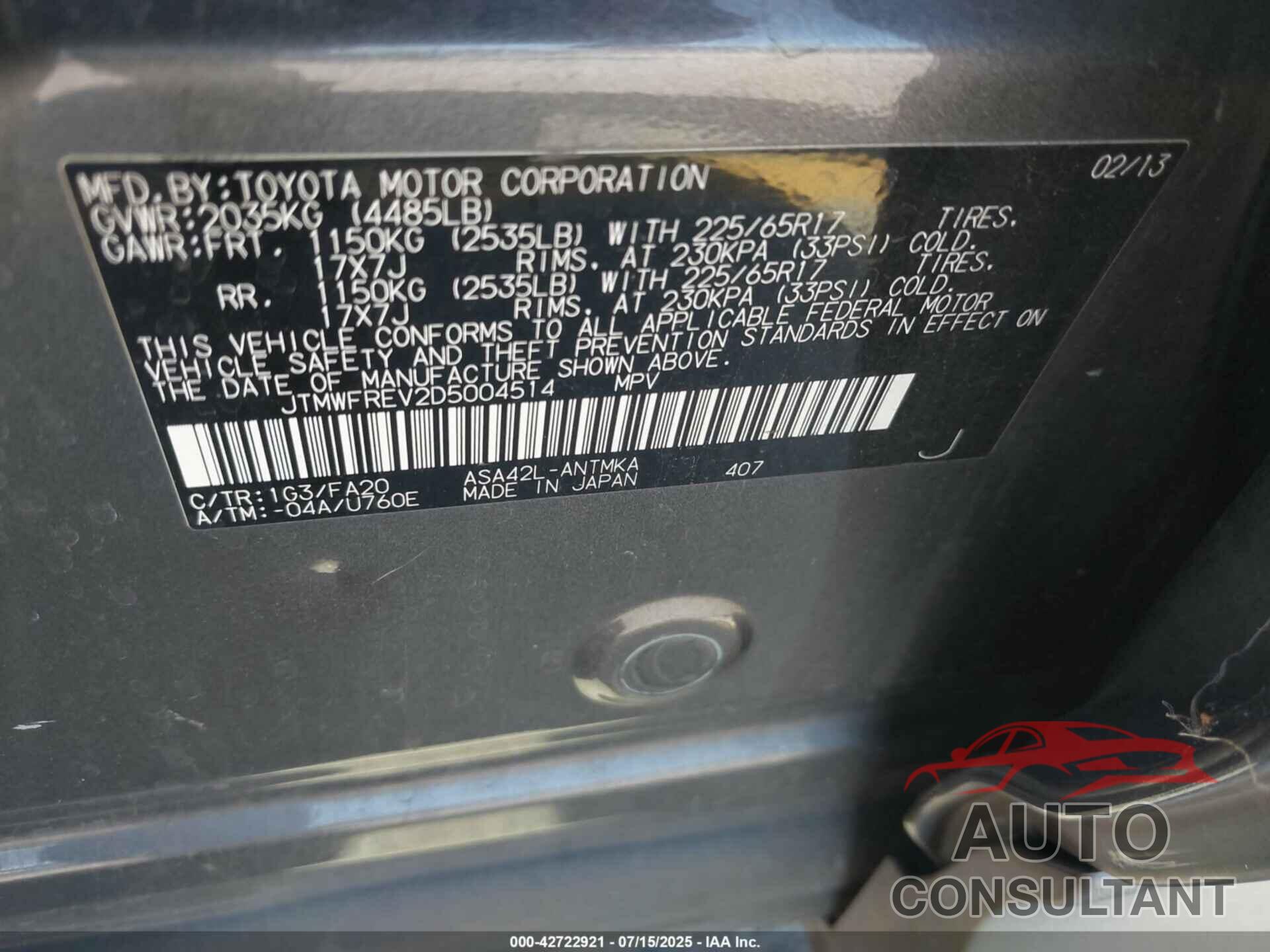 TOYOTA RAV4 2013 - JTMWFREV2D5004514