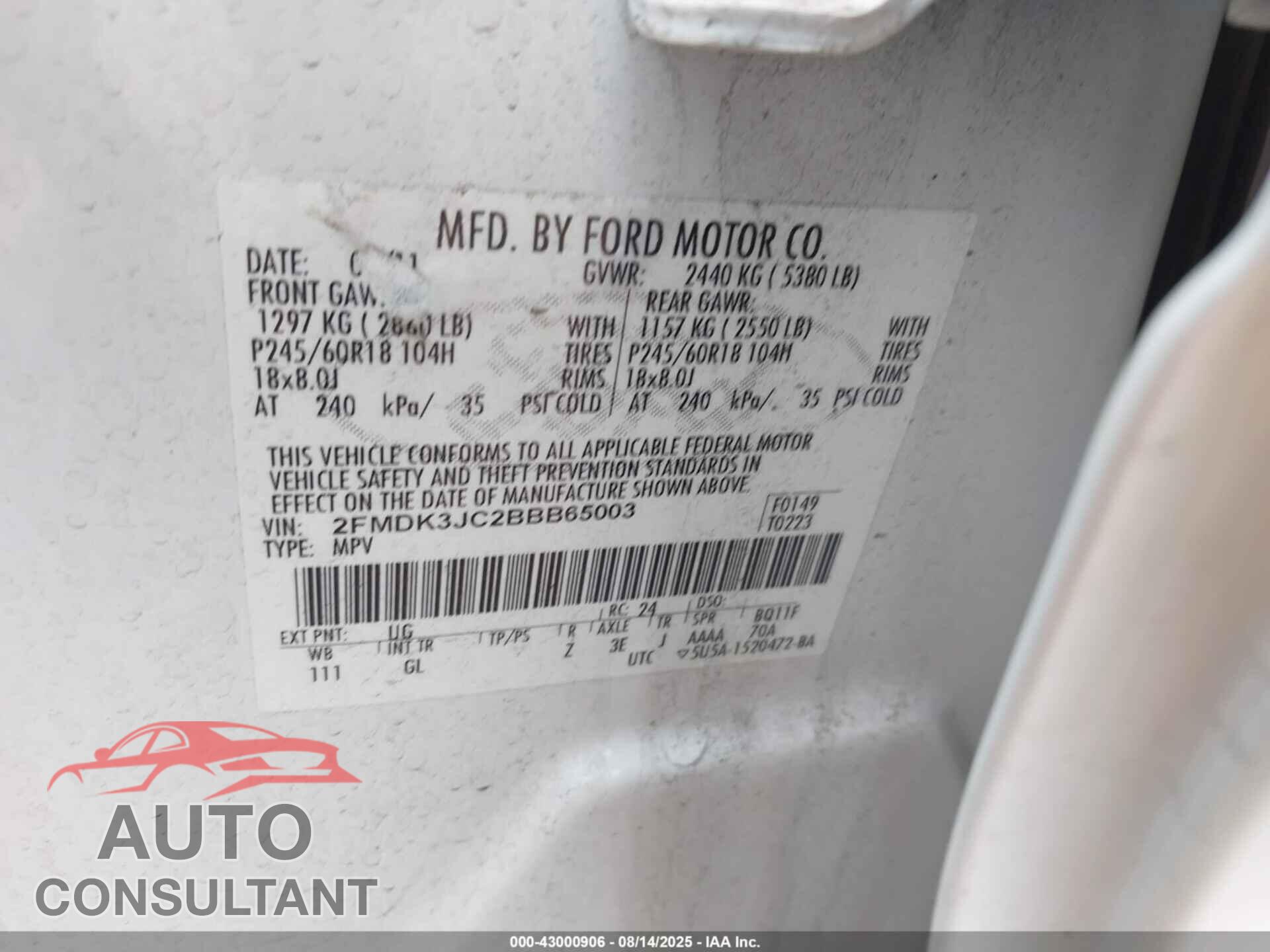 FORD EDGE 2011 - 2FMDK3JC2BBB65003