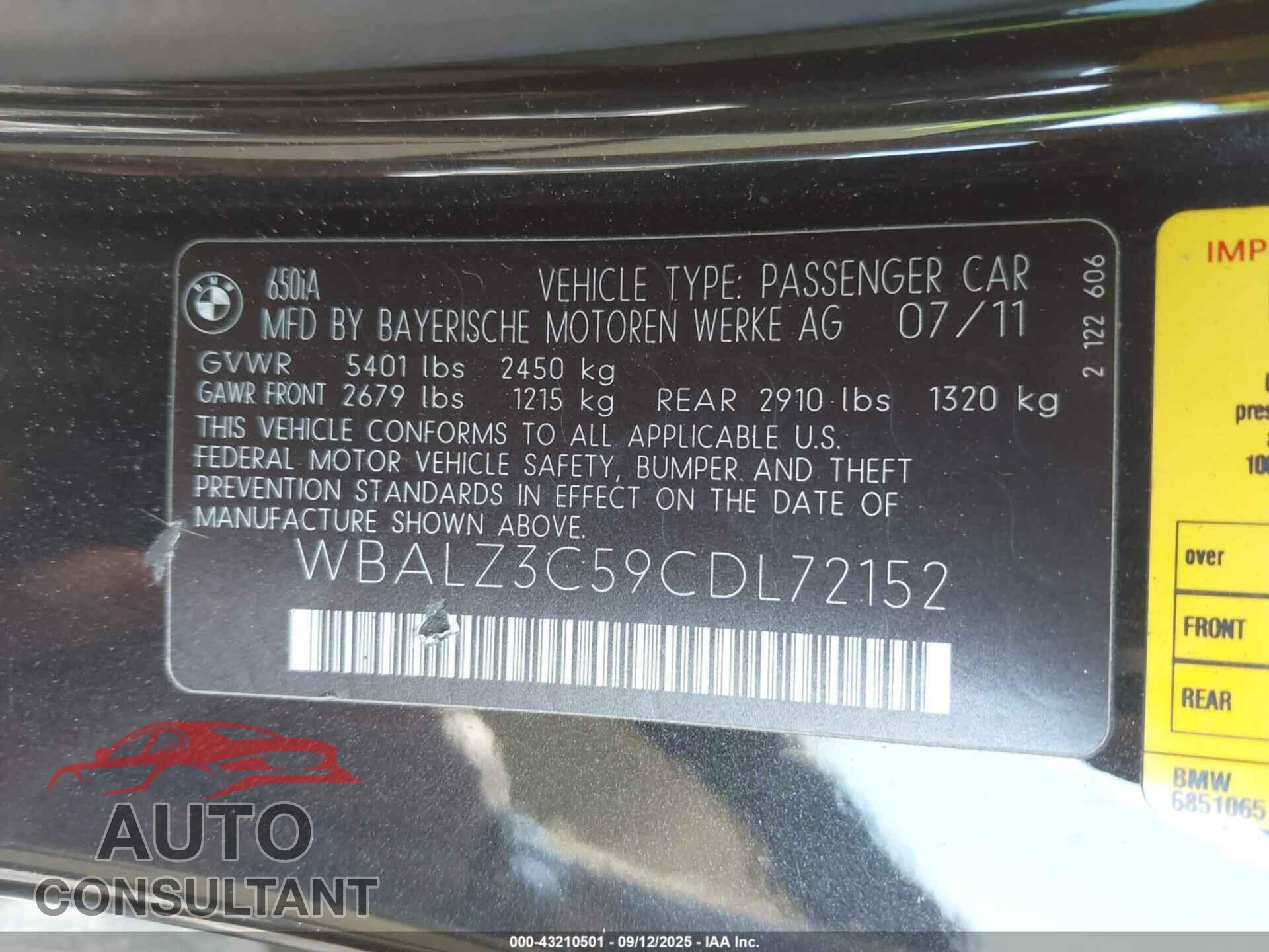 BMW 650I 2012 - WBALZ3C59CDL72152