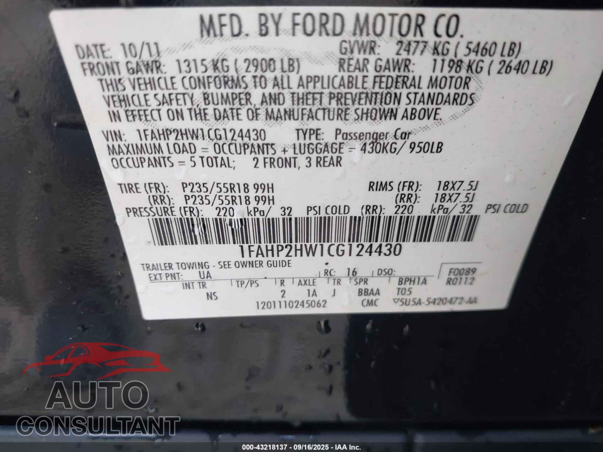 FORD TAURUS 2012 - 1FAHP2HW1CG124430