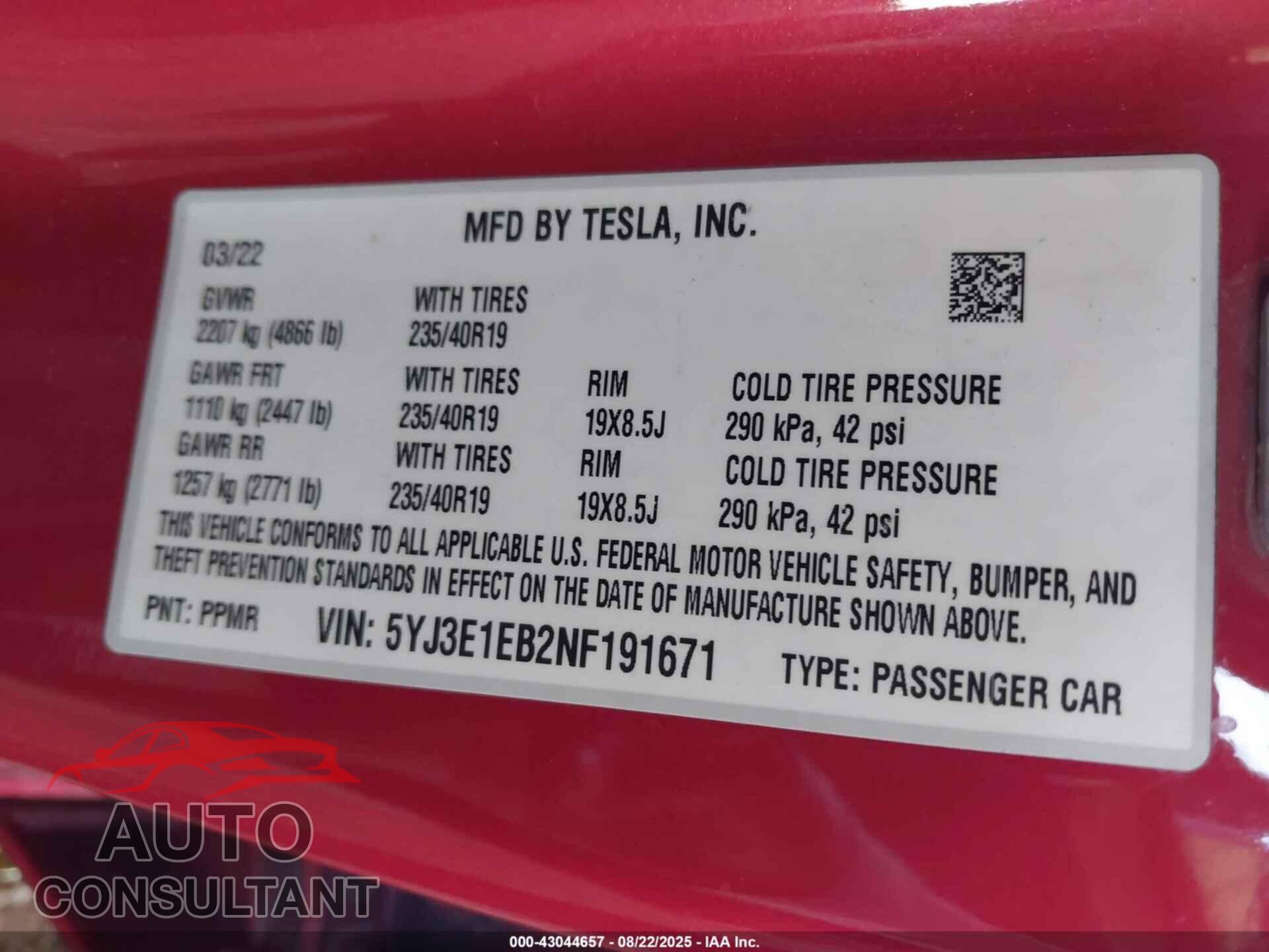 TESLA MODEL 3 2022 - 5YJ3E1EB2NF191671