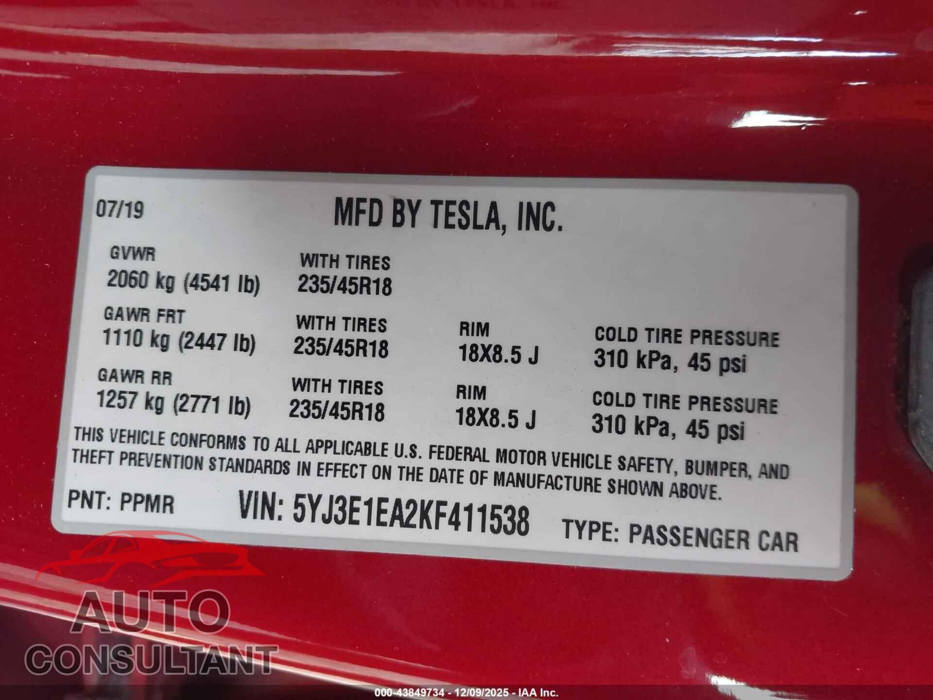 TESLA MODEL 3 2019 - 5YJ3E1EA2KF411538