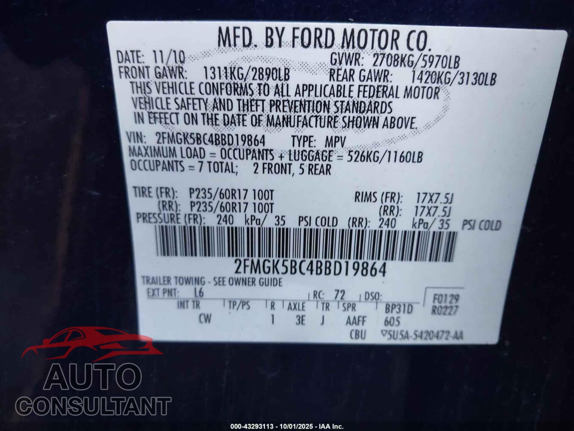 FORD FLEX 2011 - 2FMGK5BC4BBD19864