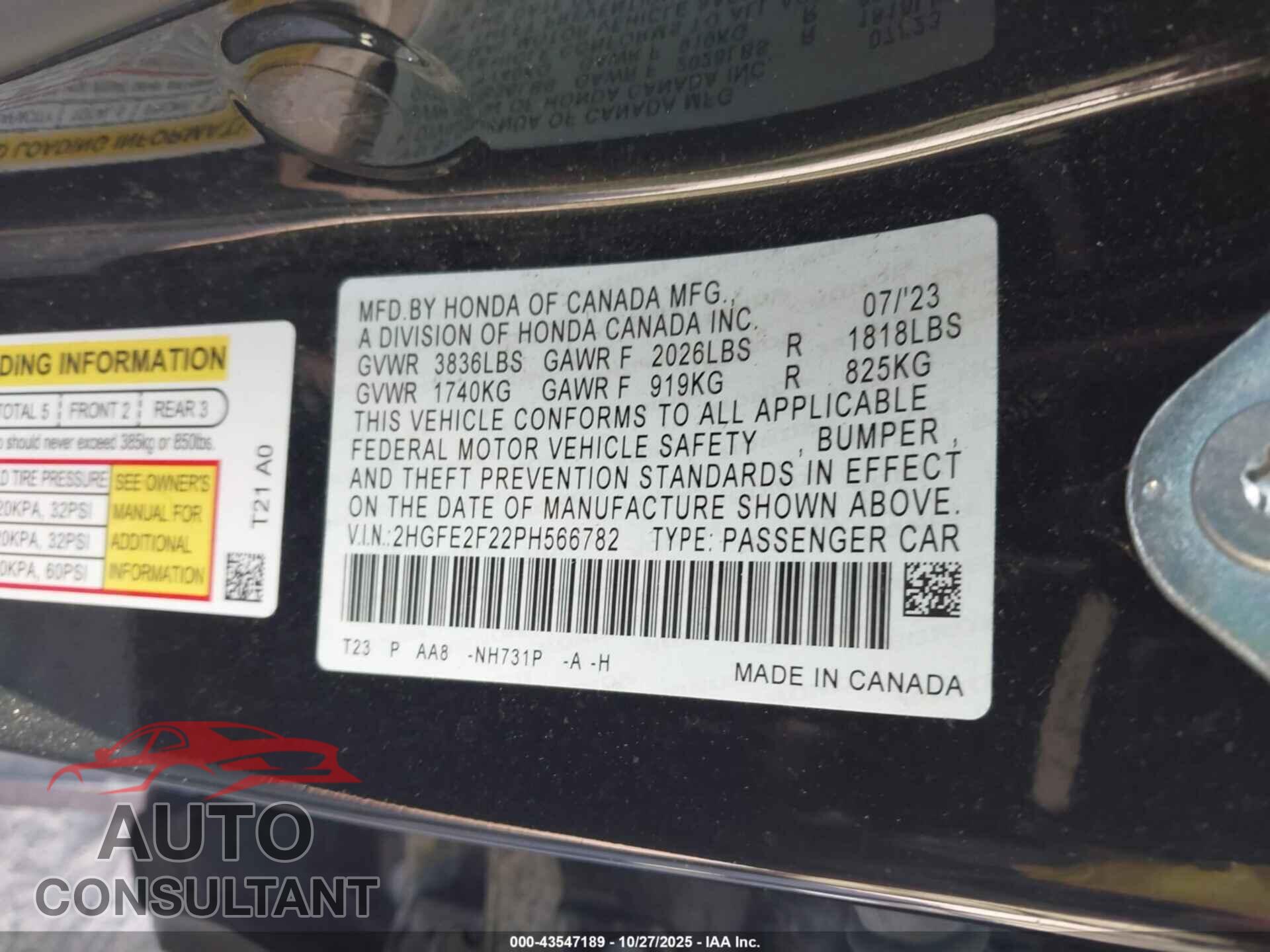HONDA CIVIC 2023 - 2HGFE2F22PH566782