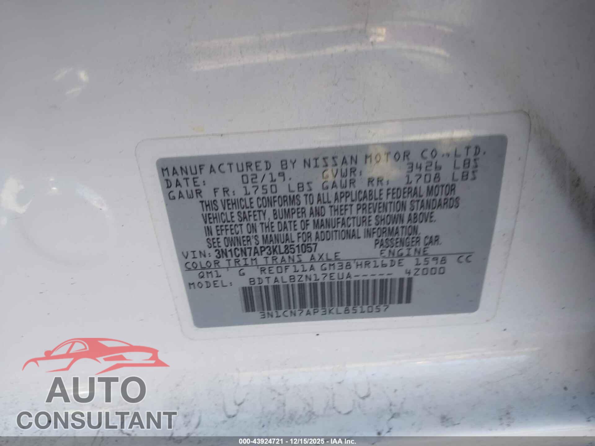 NISSAN VERSA 2019 - 3N1CN7AP3KL851057