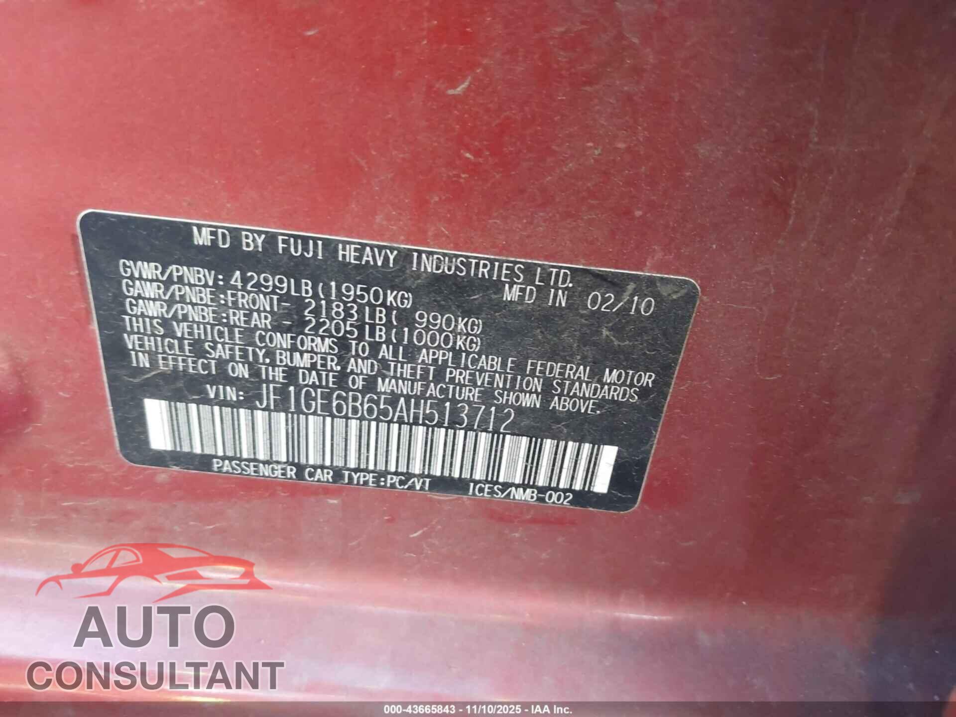 SUBARU IMPREZA 2010 - JF1GE6B65AH513712