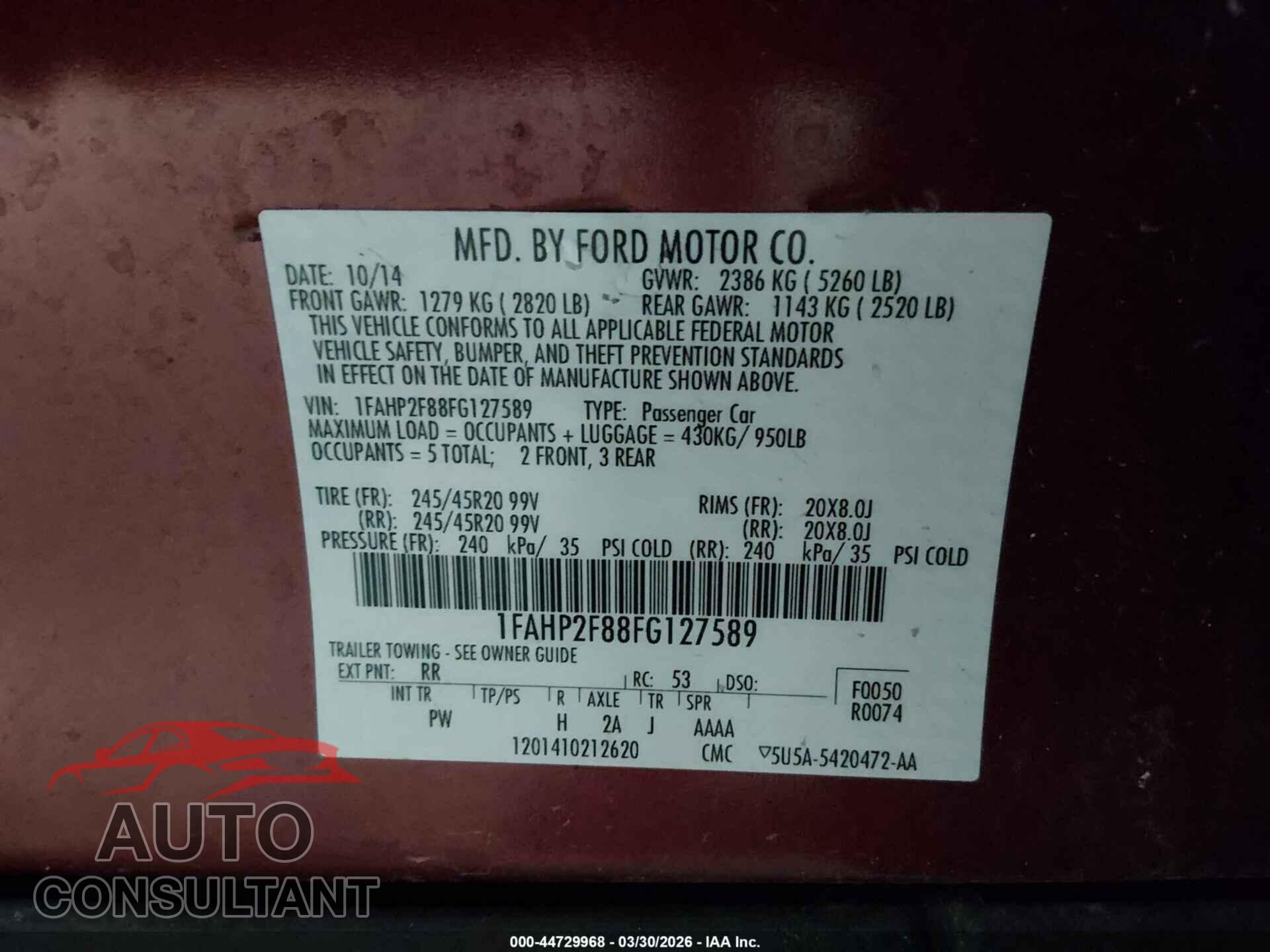 FORD TAURUS 2015 - 1FAHP2F88FG127589