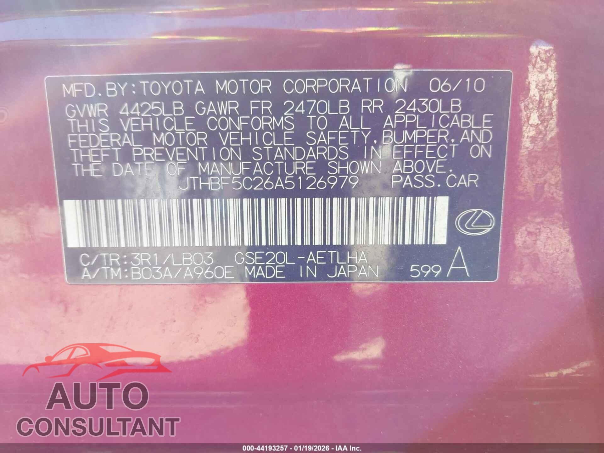 LEXUS IS 250 2010 - JTHBF5C26A5126979