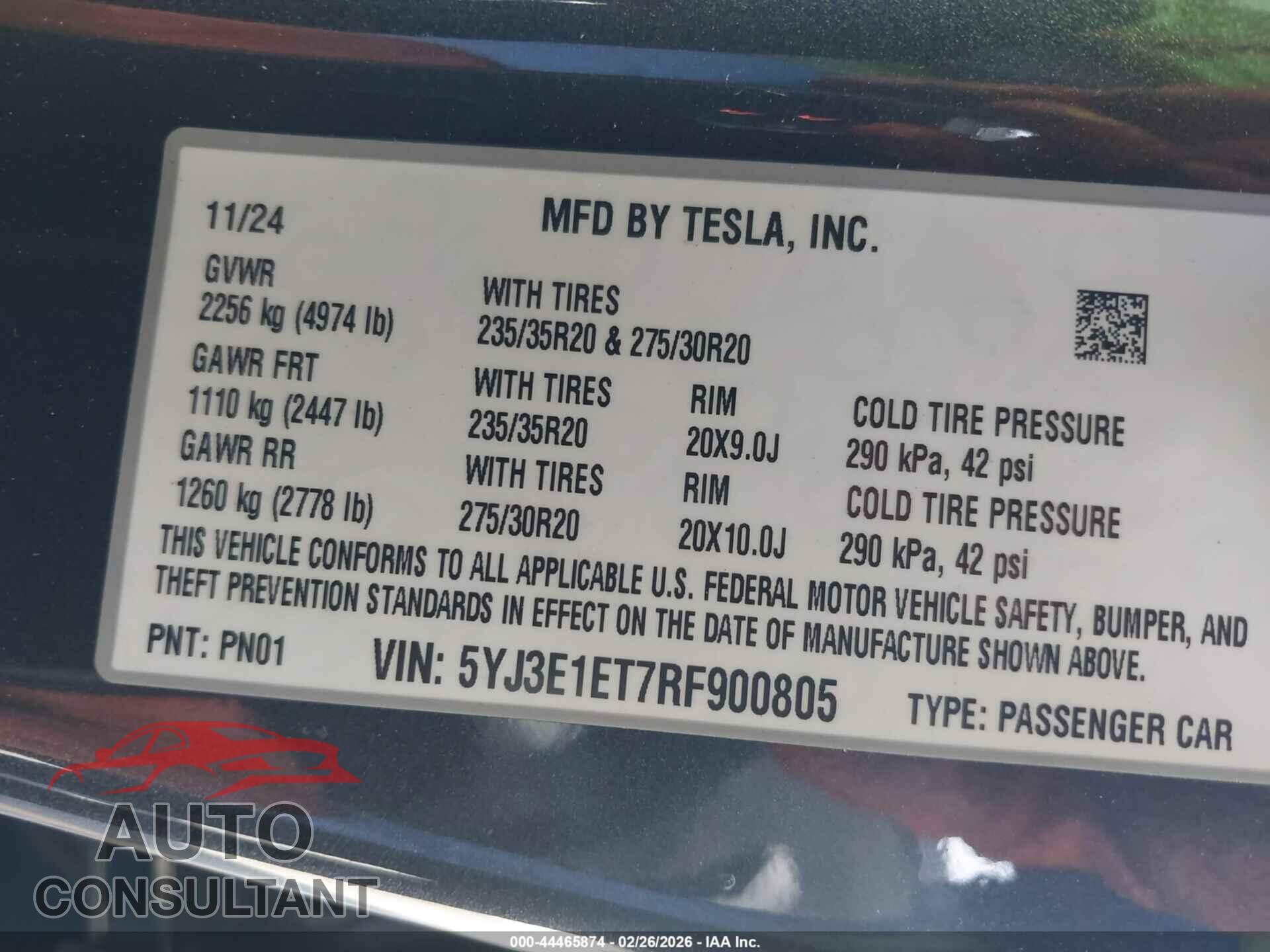 TESLA MODEL 3 2024 - 5YJ3E1ET7RF900805
