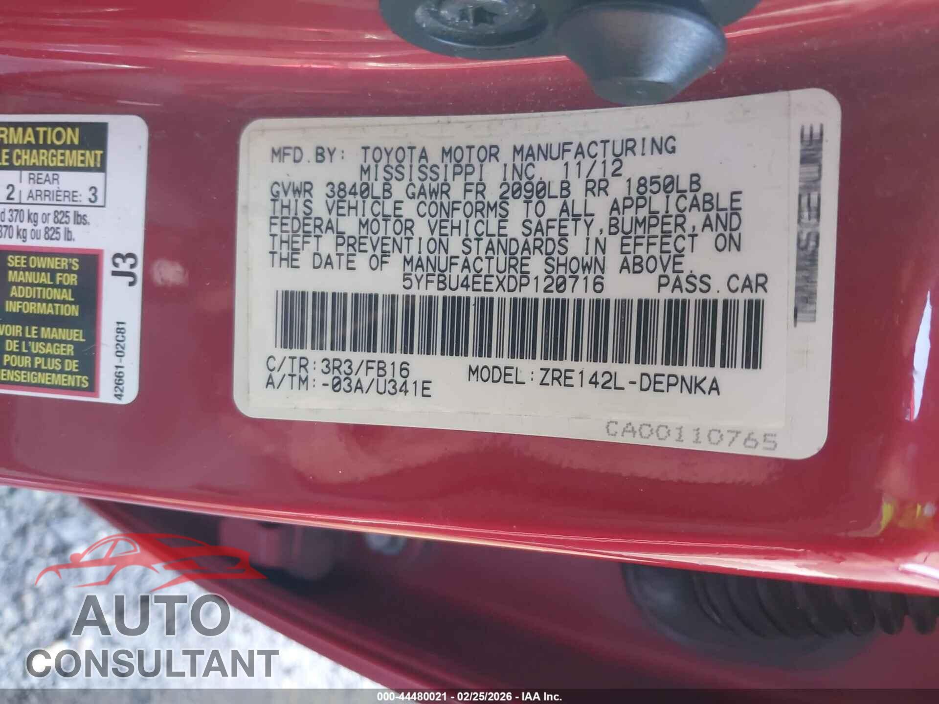 TOYOTA COROLLA 2013 - 5YFBU4EEXDP120716