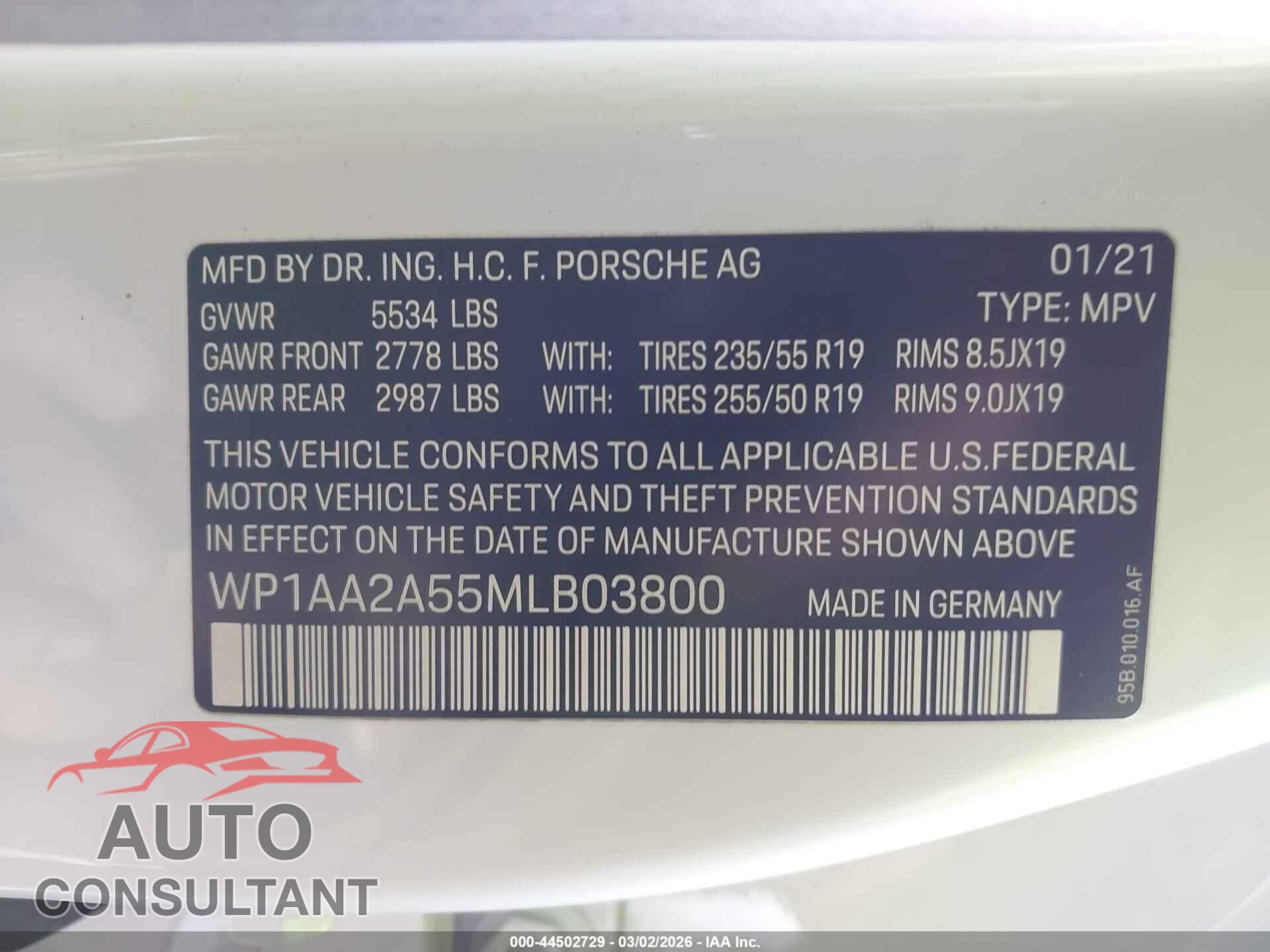PORSCHE MACAN 2021 - WP1AA2A55MLB03800
