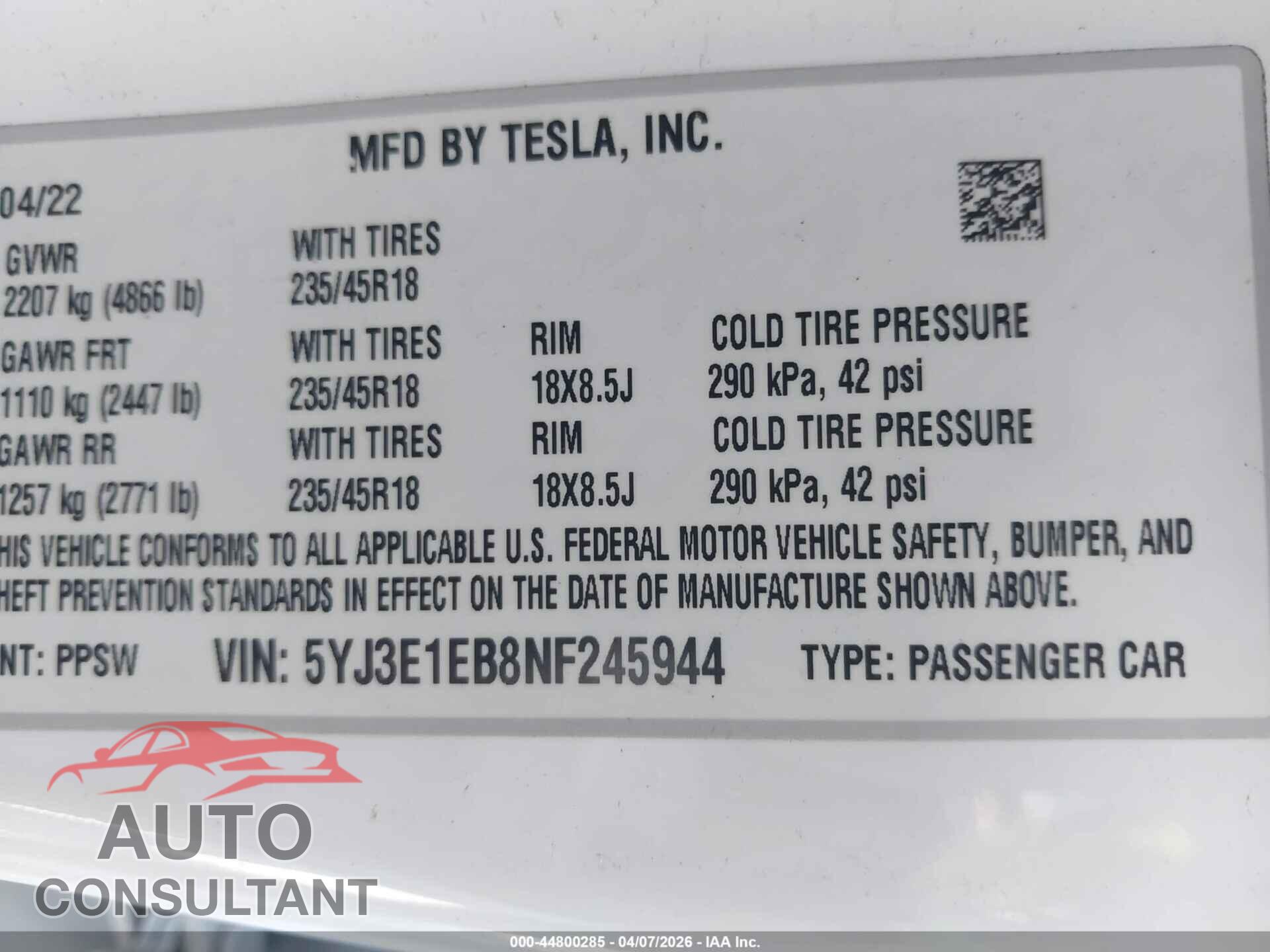 TESLA MODEL 3 2022 - 5YJ3E1EB8NF245944