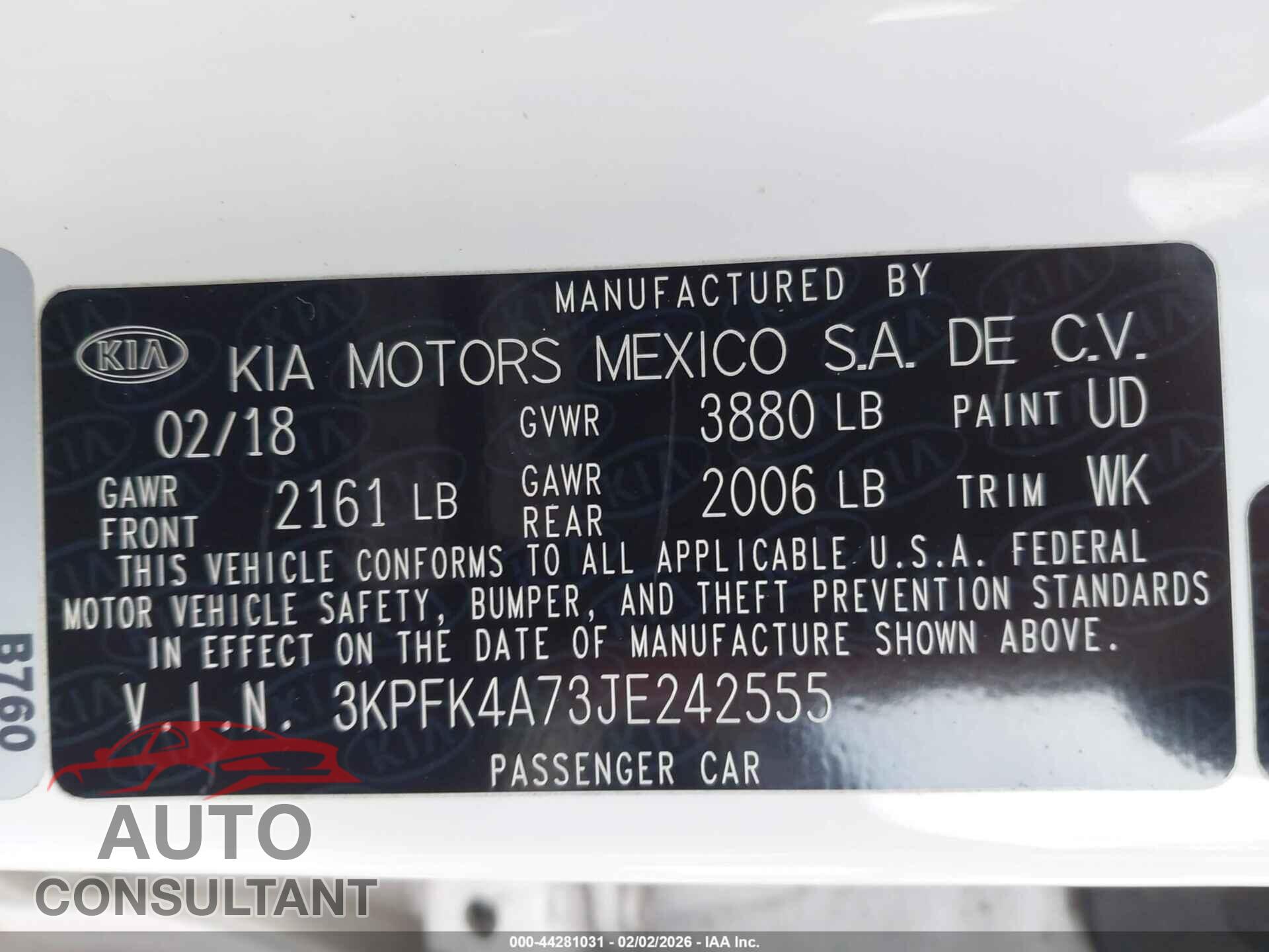 KIA FORTE 2018 - 3KPFK4A73JE242555