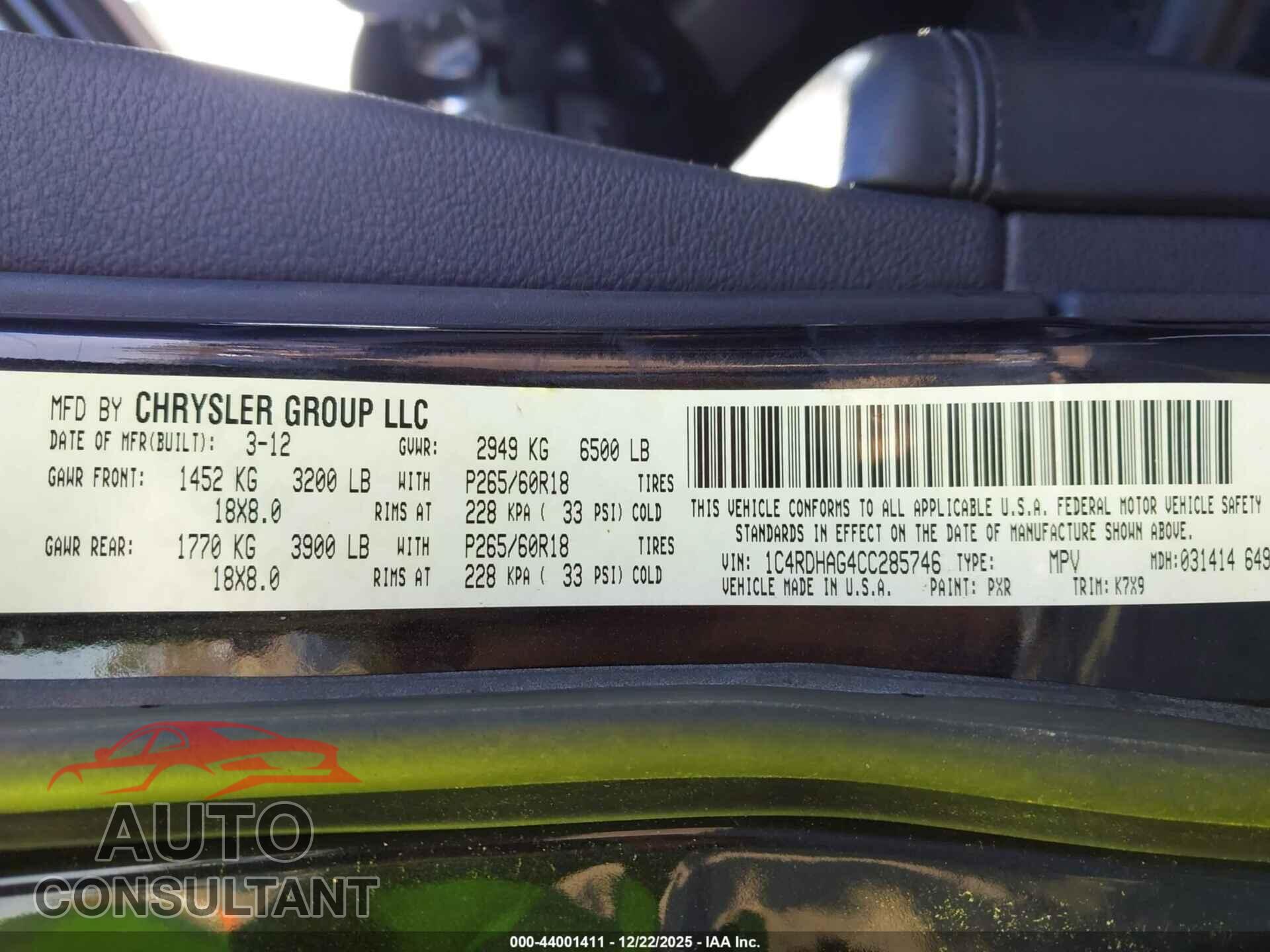 DODGE DURANGO 2012 - 1C4RDHAG4CC285746