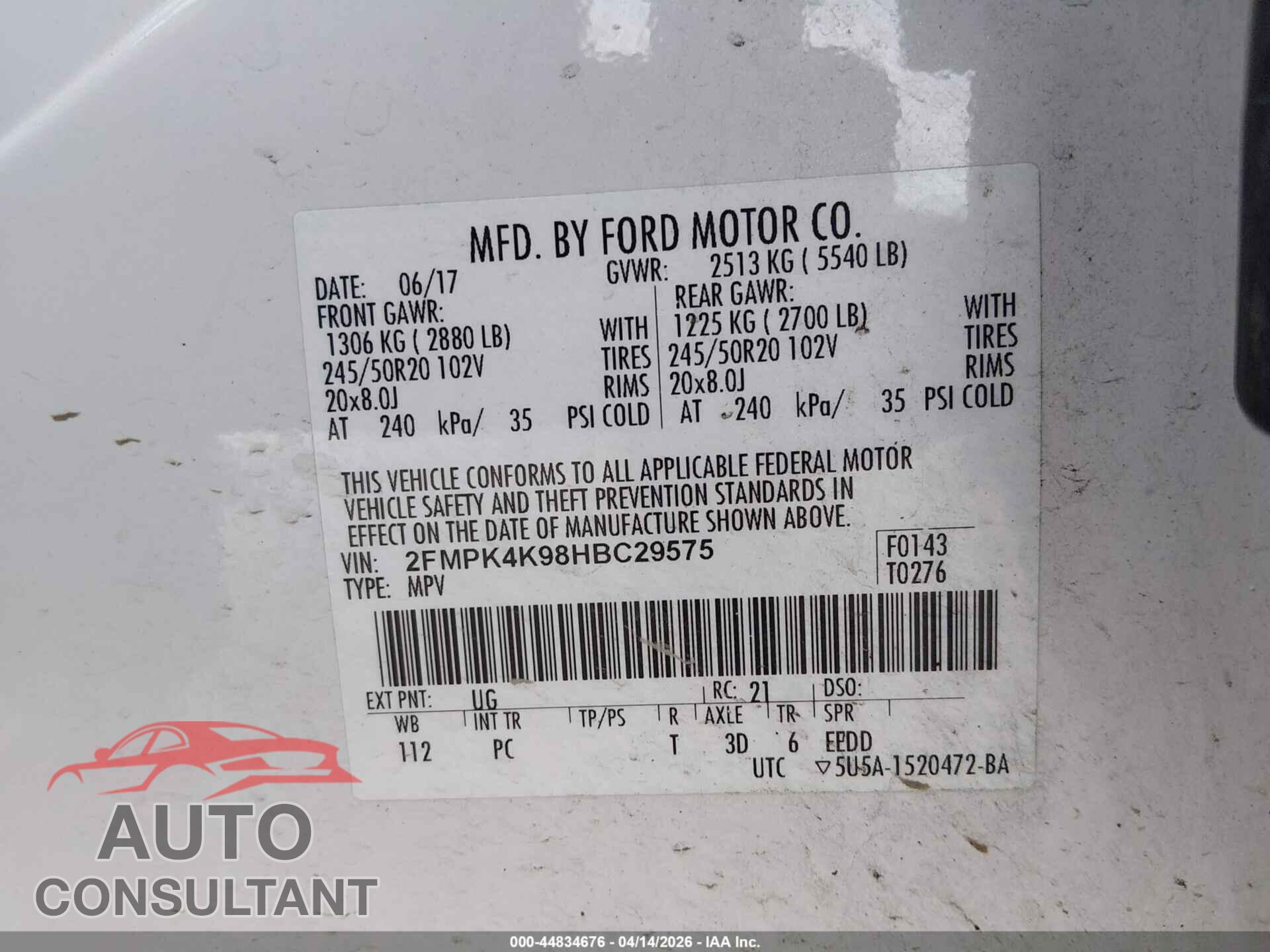 FORD EDGE 2017 - 2FMPK4K98HBC29575
