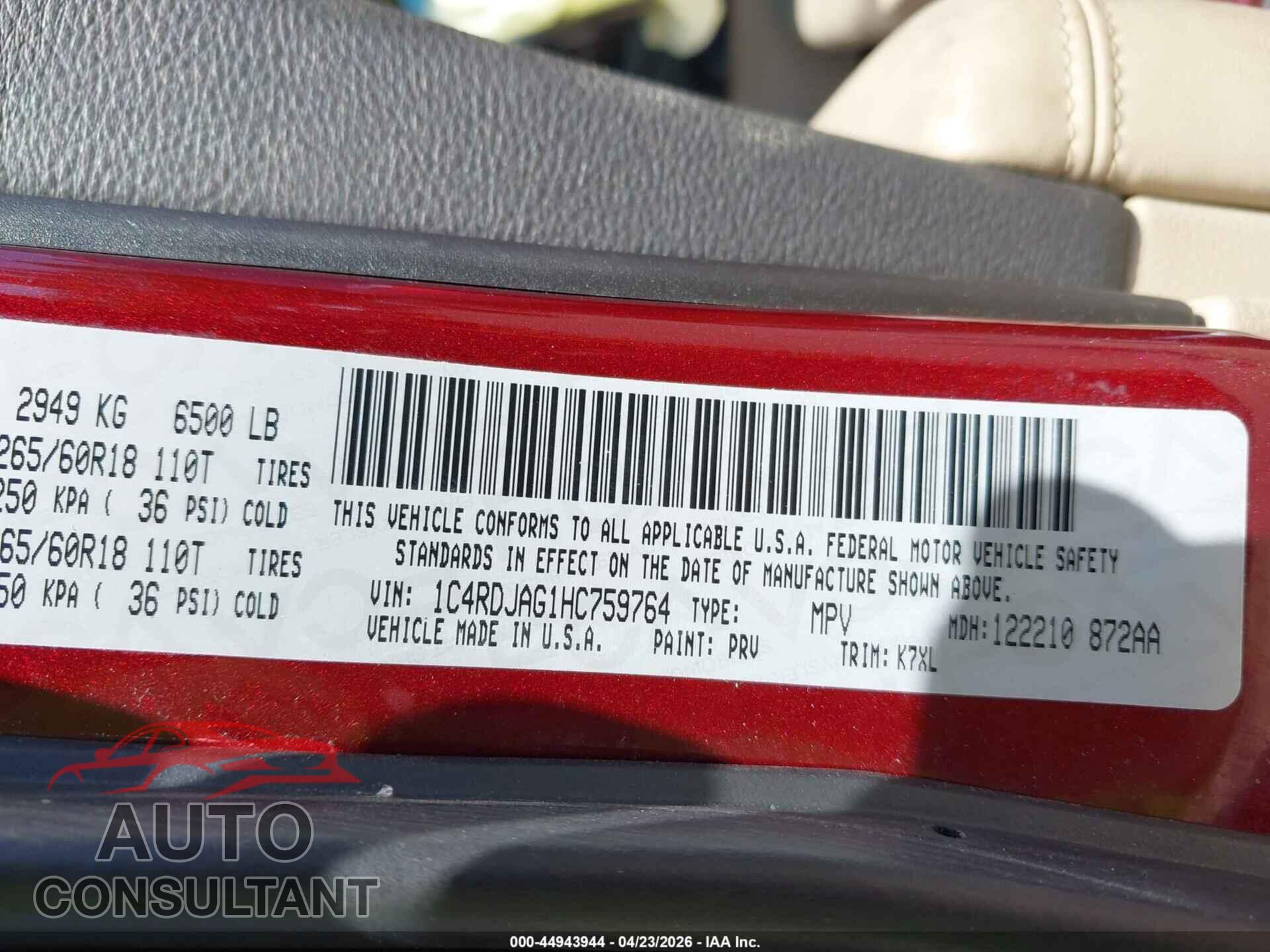 DODGE DURANGO 2017 - 1C4RDJAG1HC759764