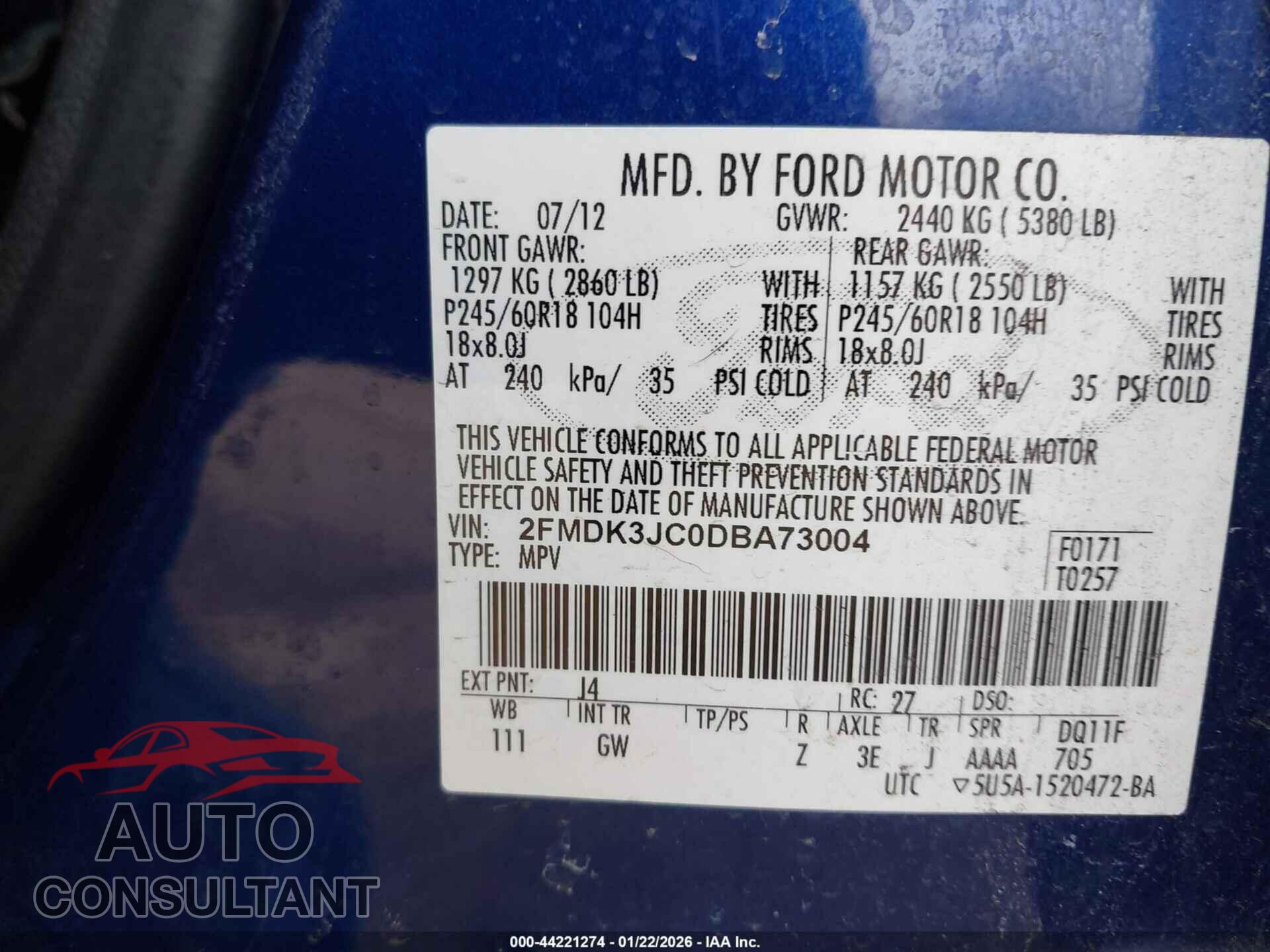 FORD EDGE 2013 - 2FMDK3JC0DBA73004