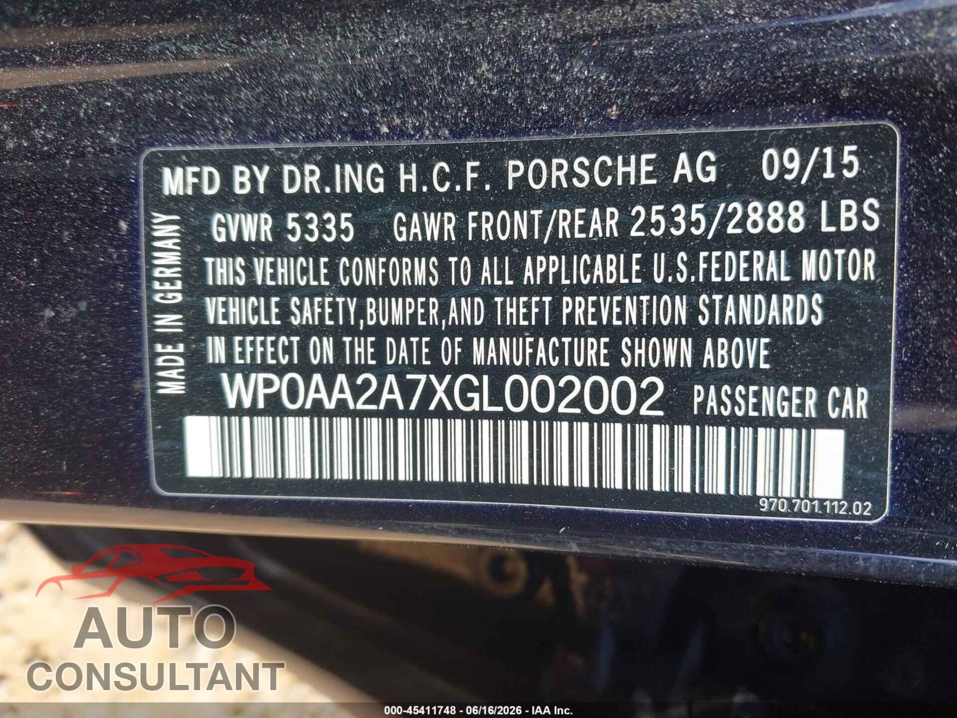 PORSCHE PANAMERA 2016 - WP0AA2A7XGL002002