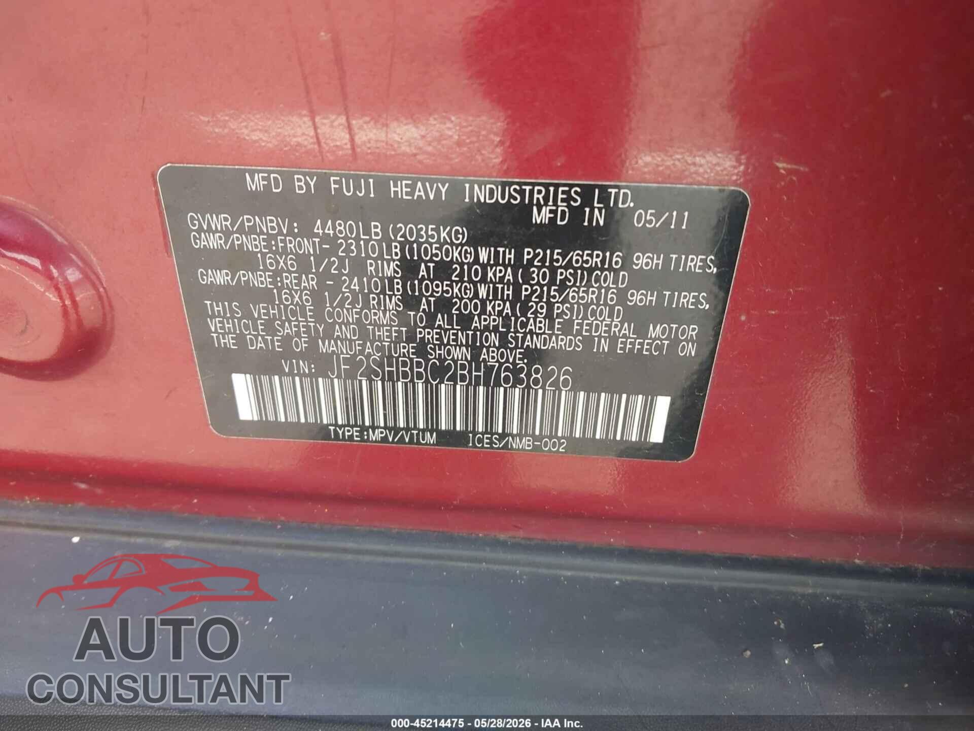 SUBARU FORESTER 2011 - JF2SHBBC2BH763826