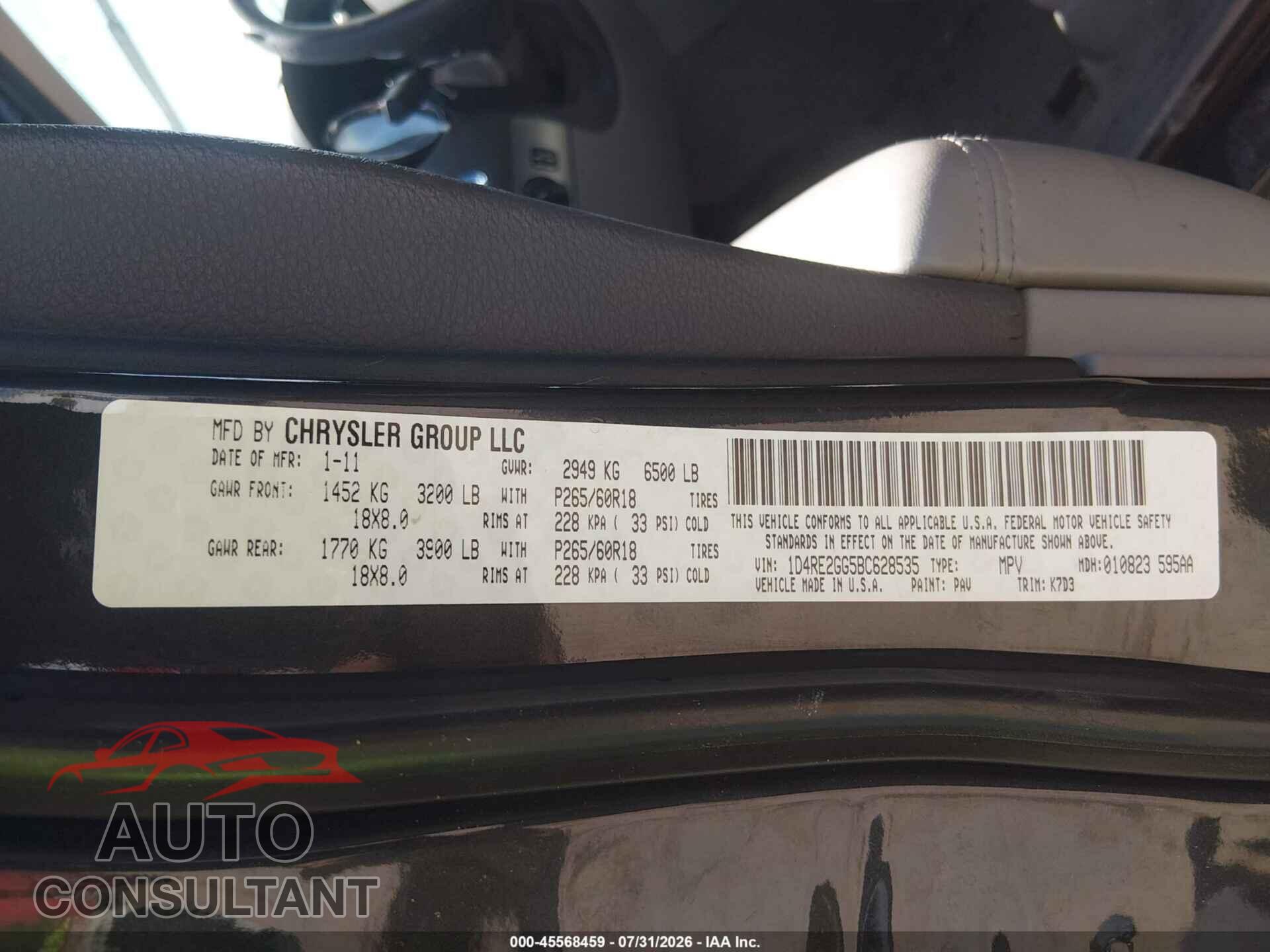 DODGE DURANGO 2011 - 1D4RE2GG5BC628535
