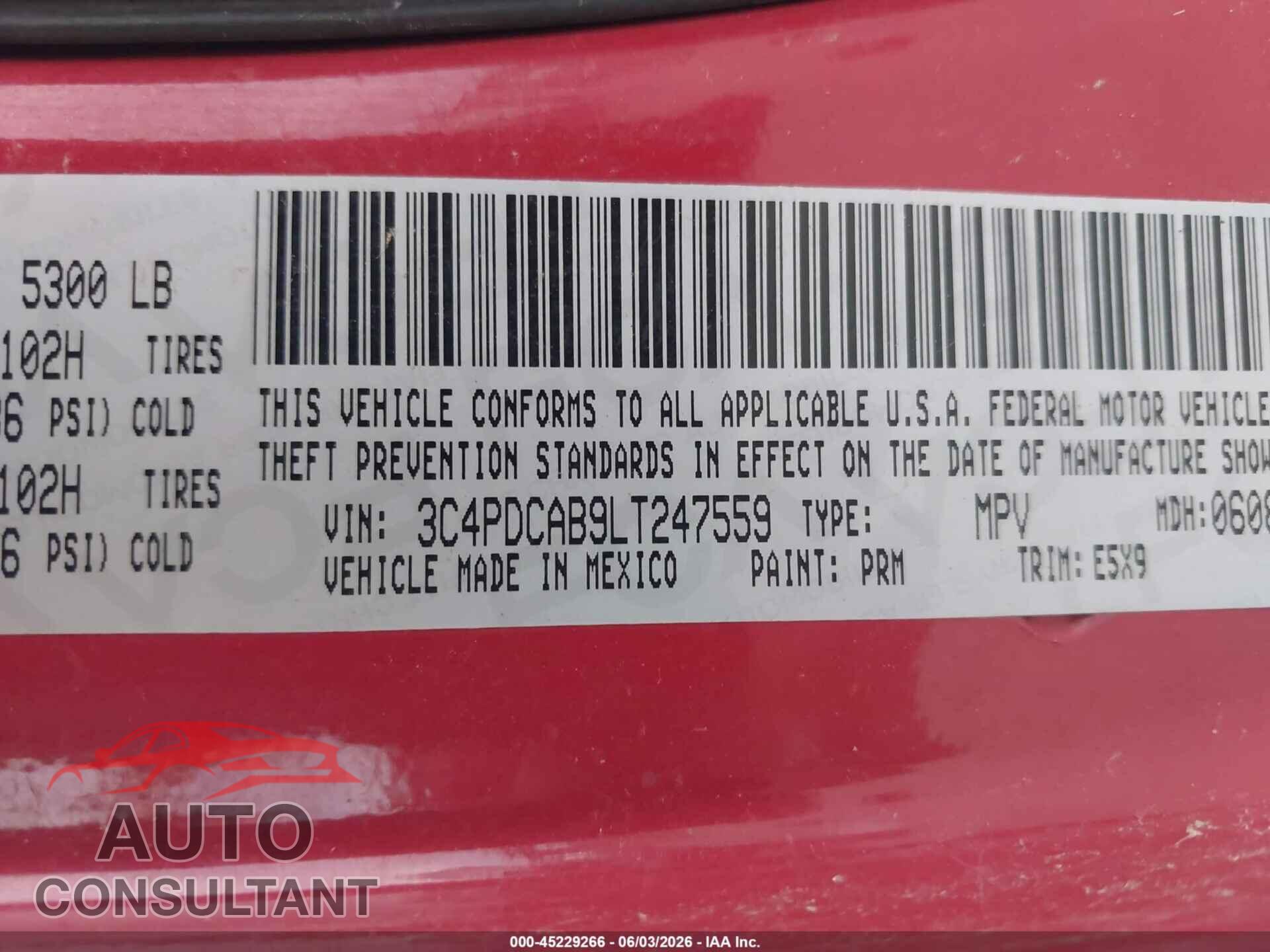 DODGE JOURNEY 2020 - 3C4PDCAB9LT247559