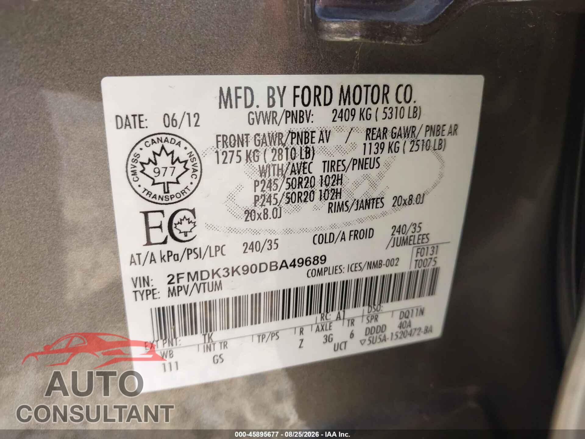 FORD EDGE 2013 - 2FMDK3K90DBA49689