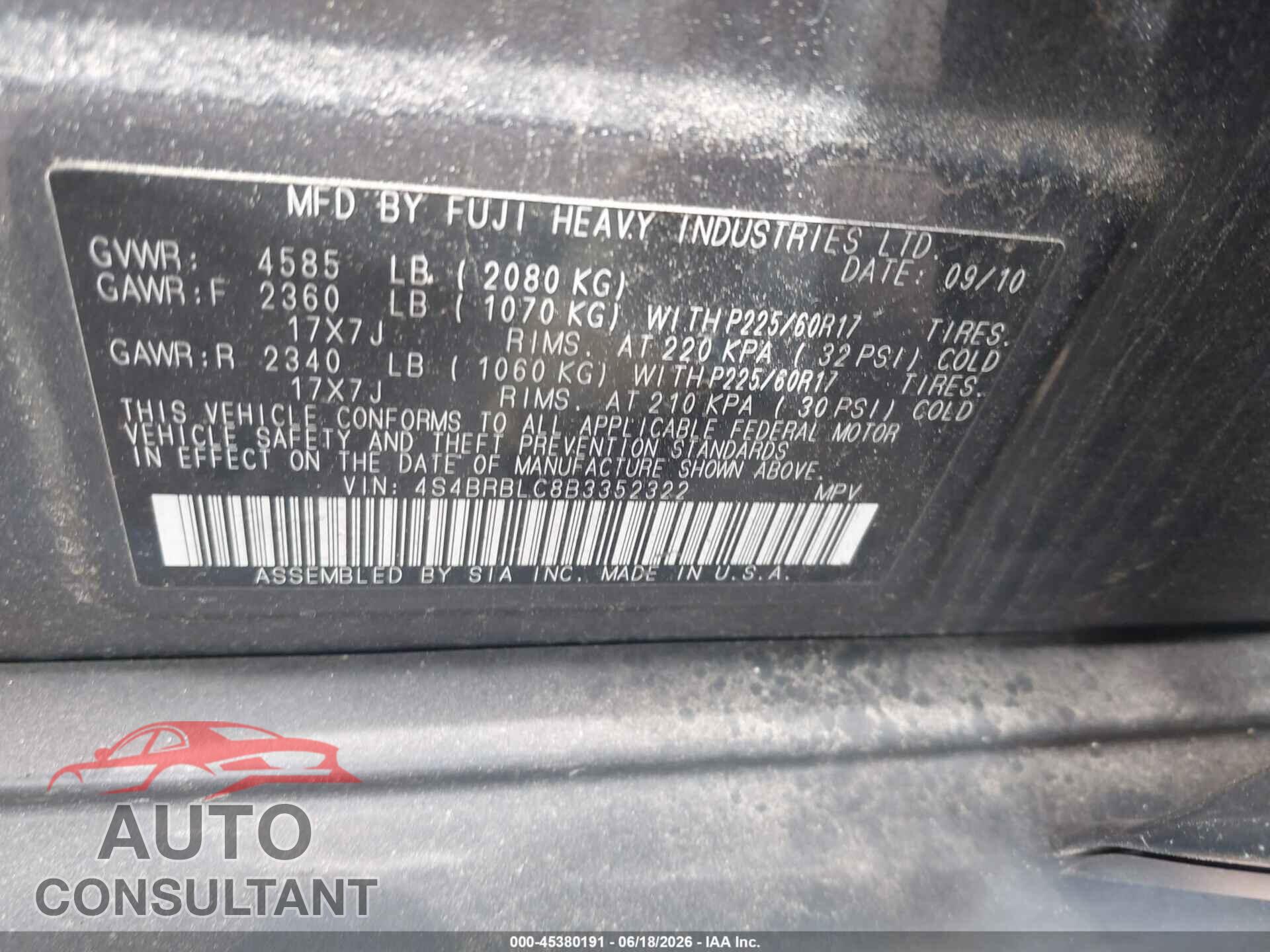 SUBARU OUTBACK 2011 - 4S4BRBLC8B3352322