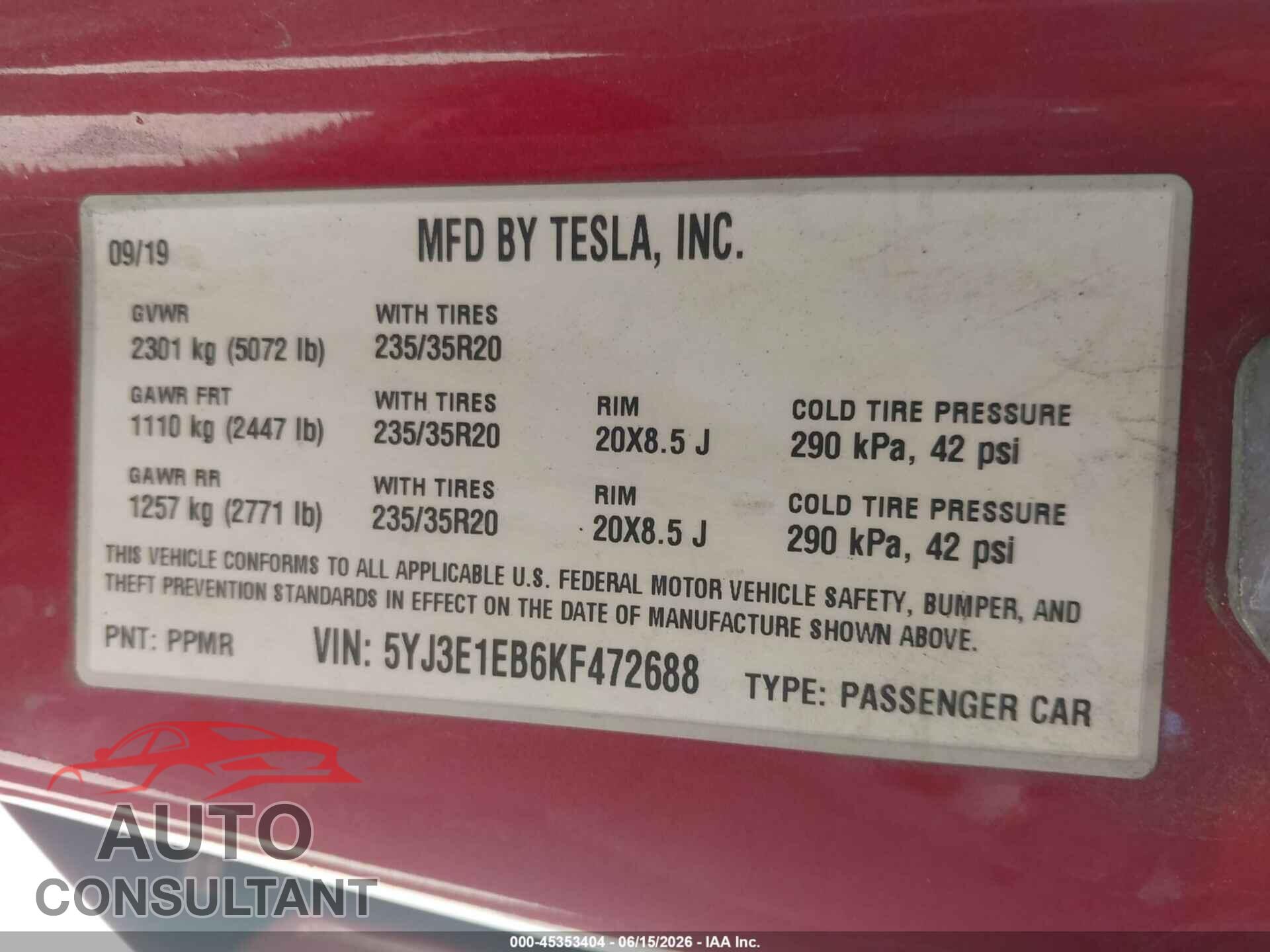 TESLA MODEL 3 2019 - 5YJ3E1EB6KF472688