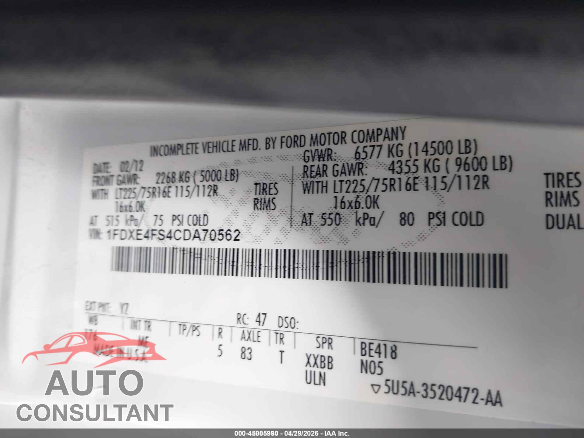 FORD E-450 CUTAWAY 2012 - 1FDXE4FS4CDA70562
