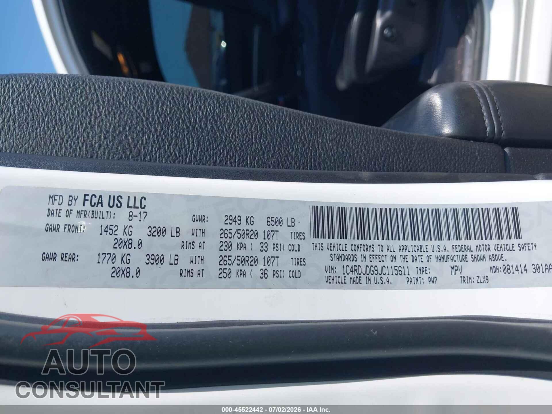 DODGE DURANGO 2018 - 1C4RDJDG9JC115611