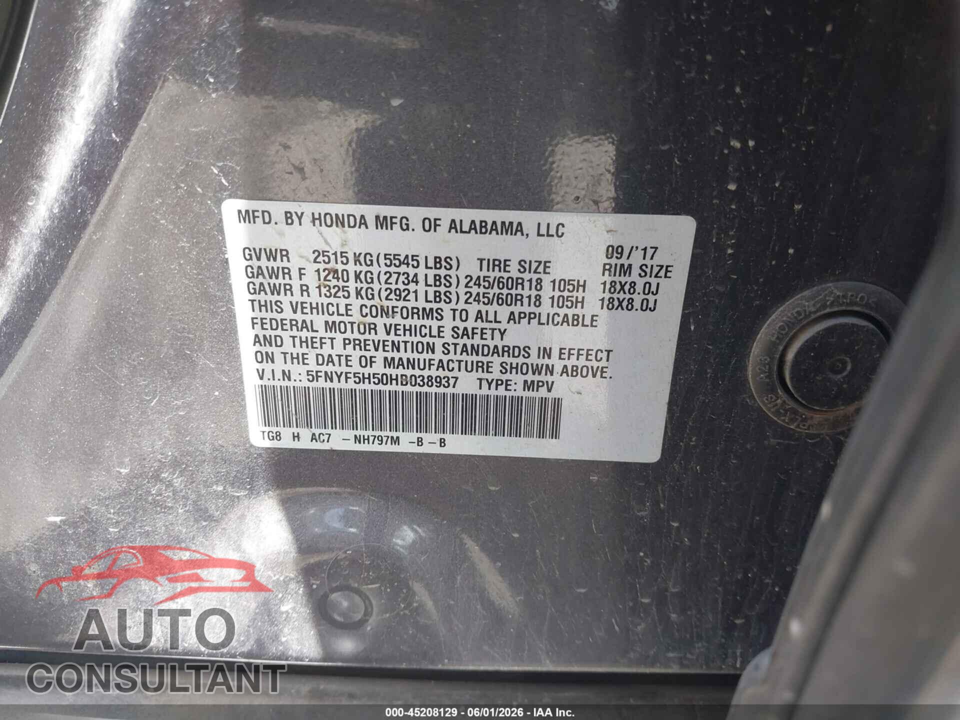 HONDA PILOT 2017 - 5FNYF5H50HB038937