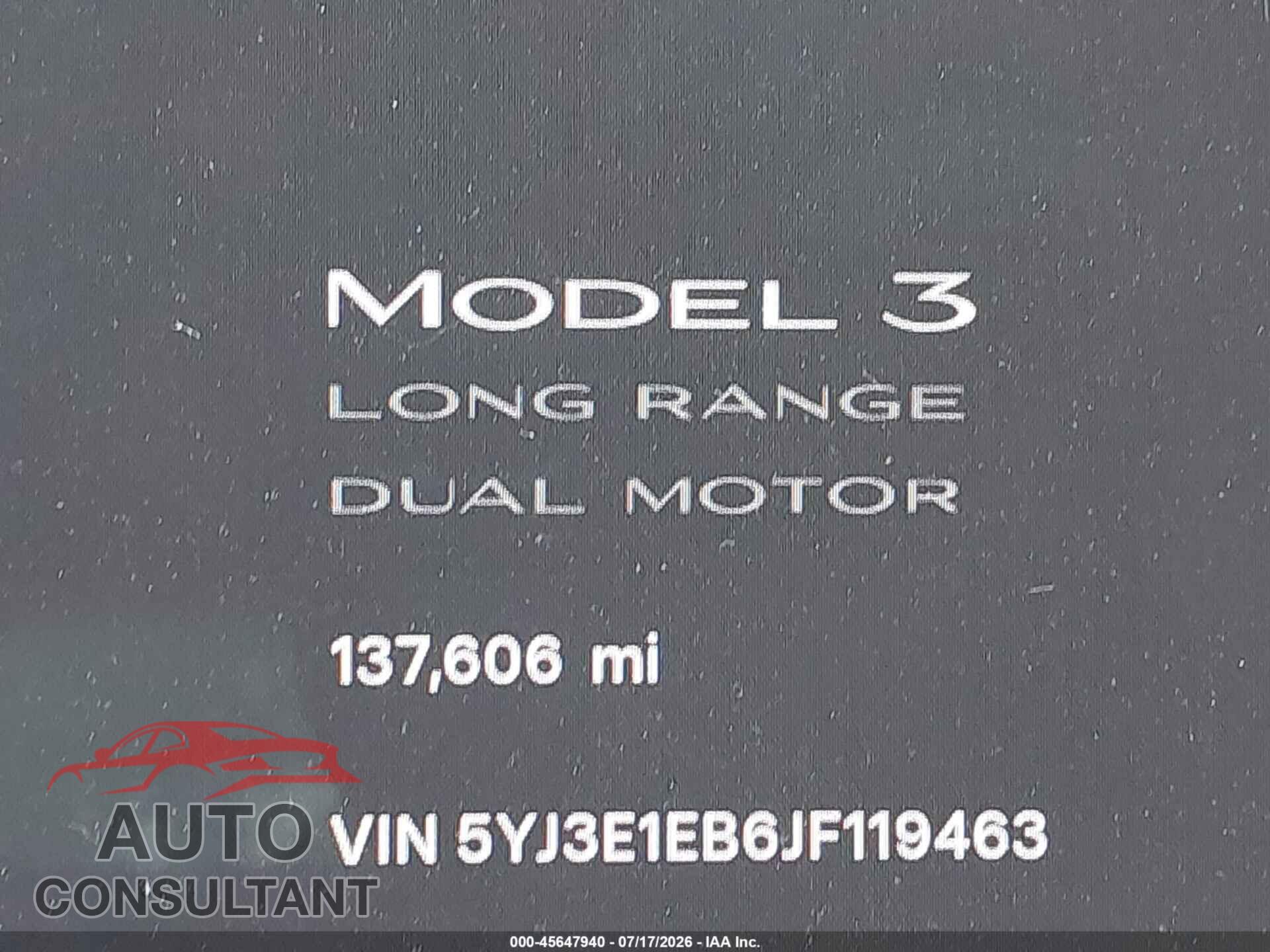 TESLA MODEL 3 2018 - 5YJ3E1EB6JF119463
