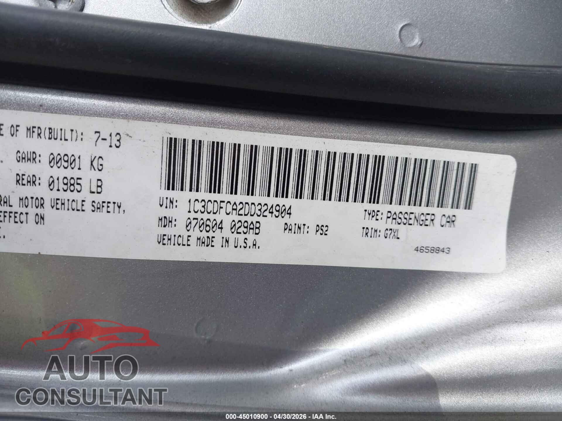 DODGE DART 2013 - 1C3CDFCA2DD324904