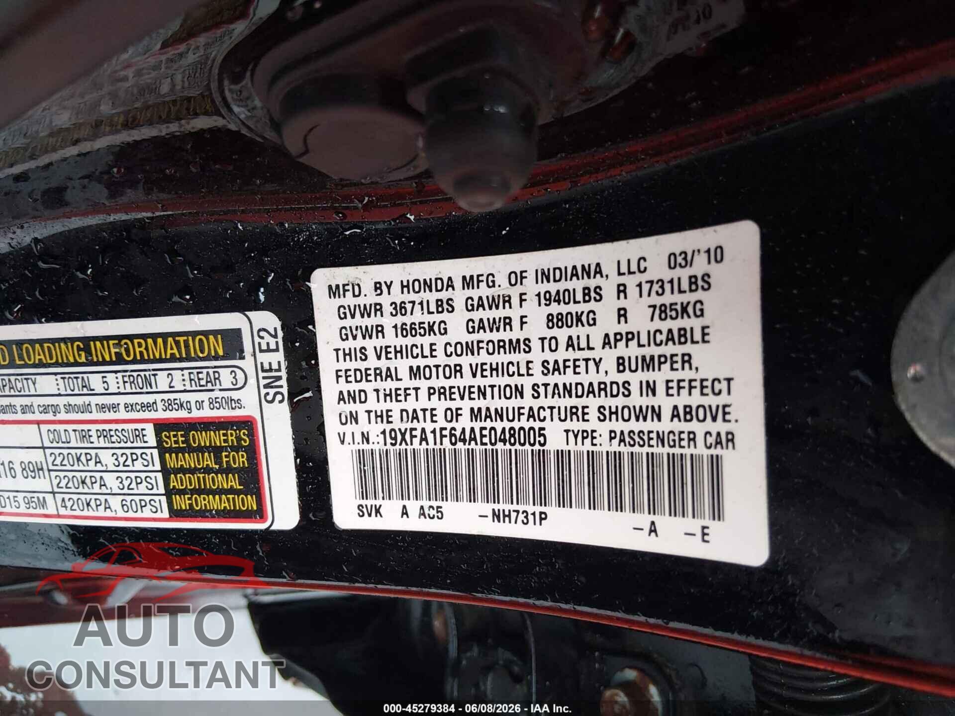 HONDA CIVIC 2010 - 19XFA1F64AE048005