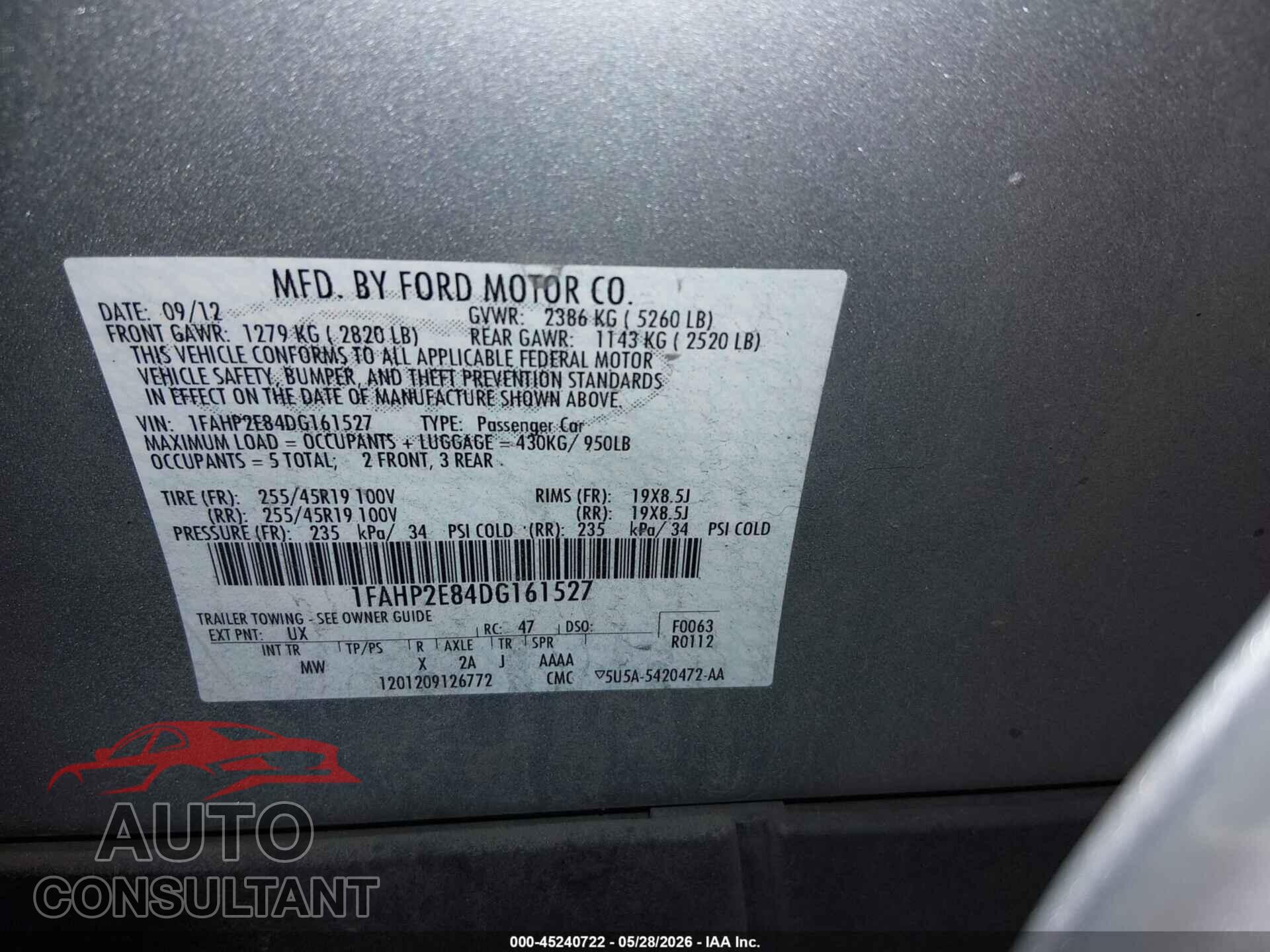 FORD TAURUS 2013 - 1FAHP2E84DG161527