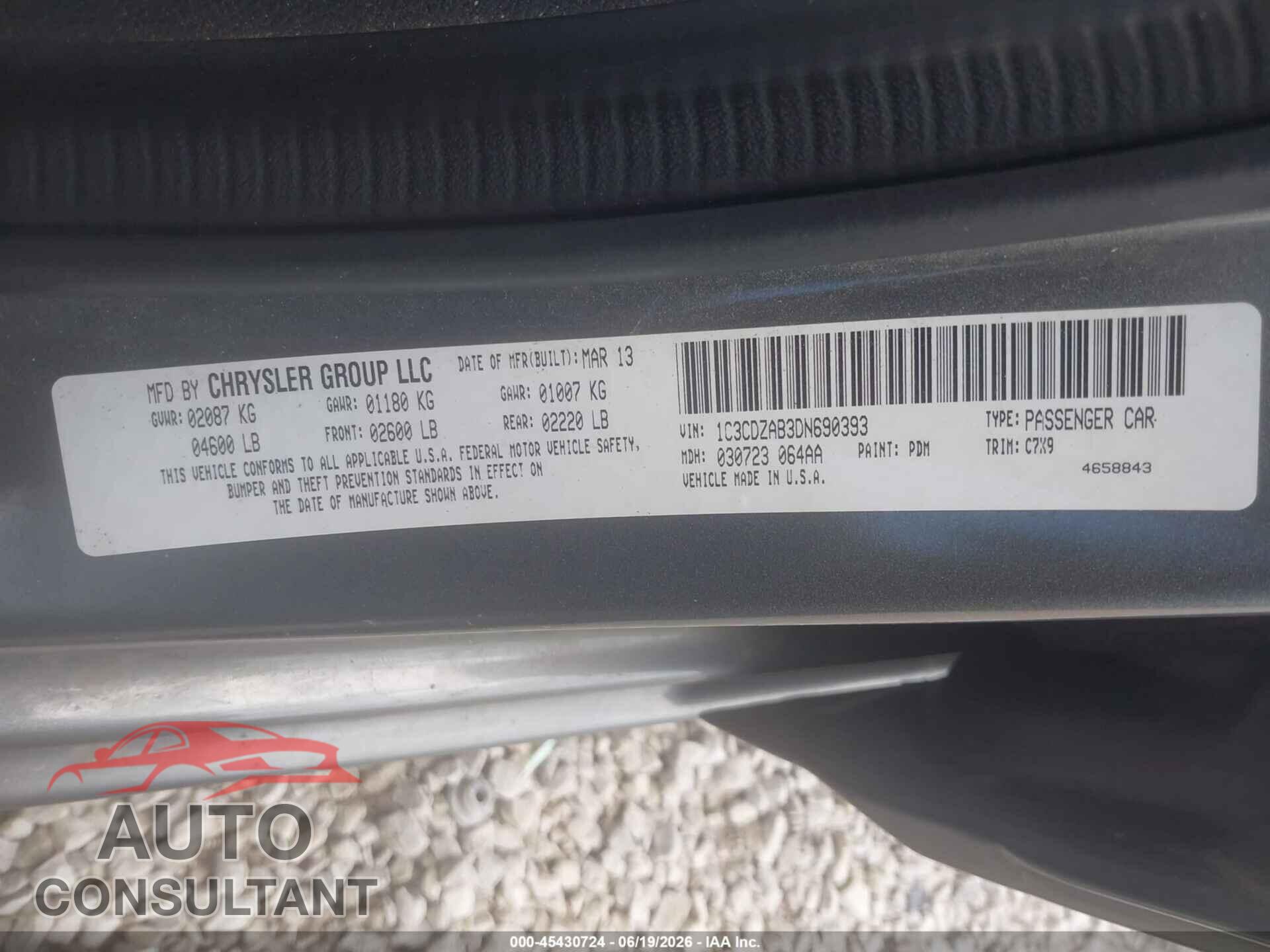 DODGE AVENGER 2013 - 1C3CDZAB3DN690393