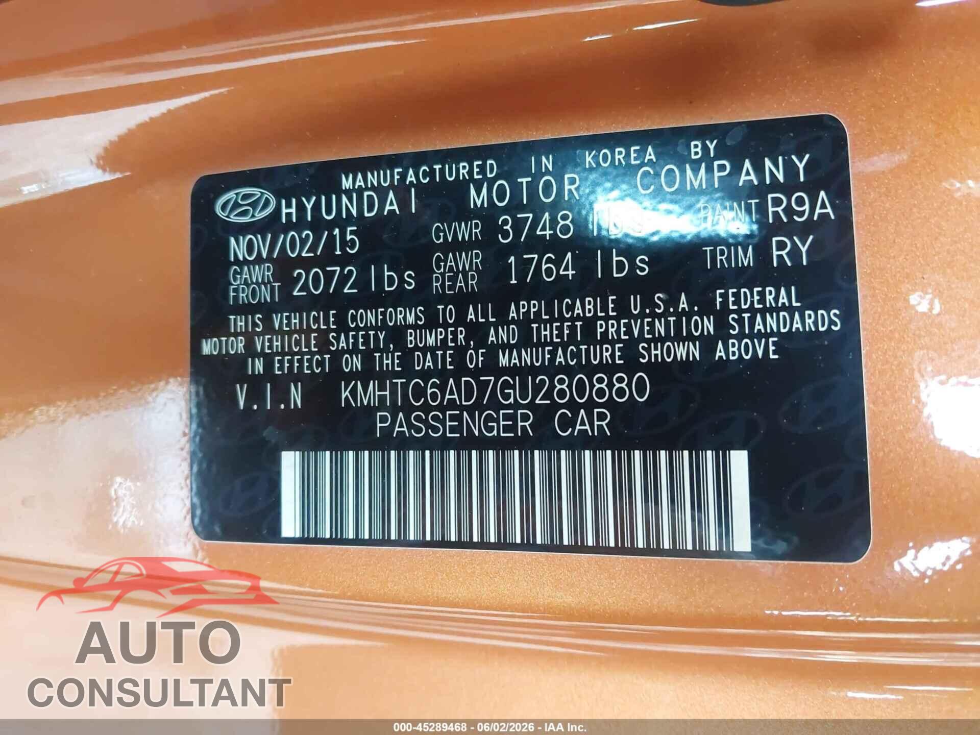 HYUNDAI VELOSTER 2016 - KMHTC6AD7GU280880