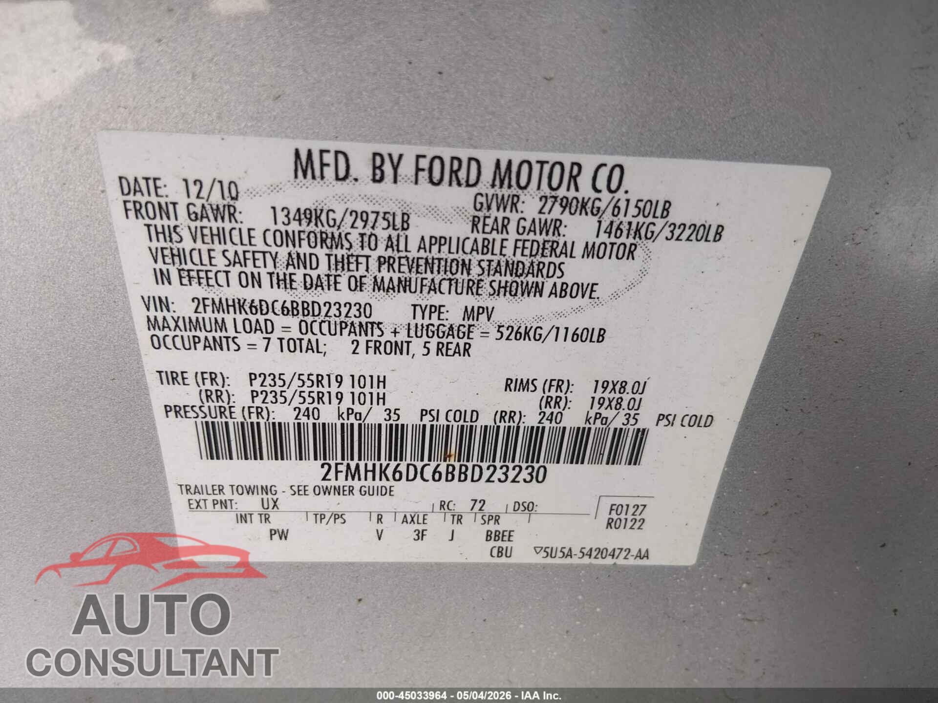 FORD FLEX 2011 - 2FMHK6DC6BBD23230