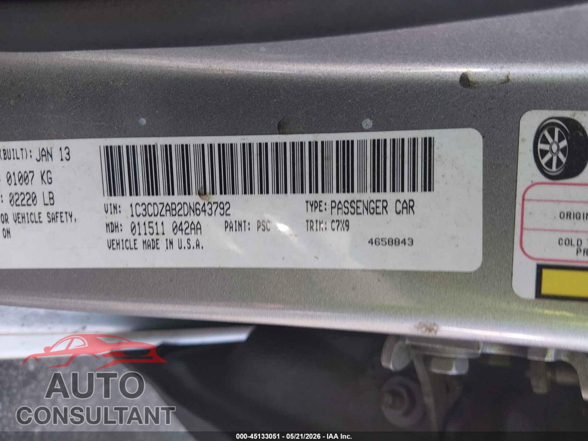 DODGE AVENGER 2013 - 1C3CDZAB2DN643792