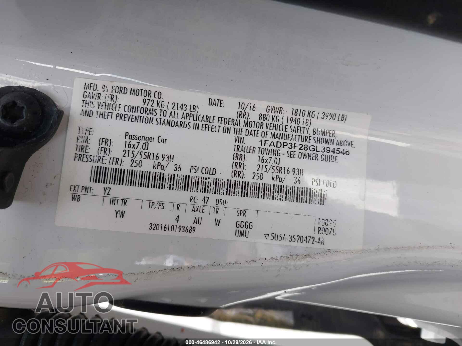 FORD FOCUS 2016 - 1FADP3F28GL394546