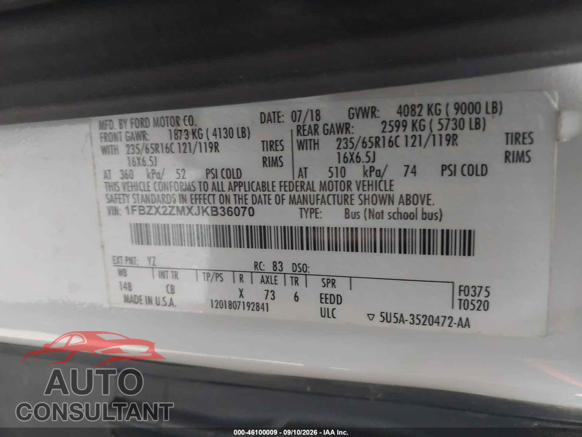 FORD TRANSIT 2018 - 1FBZX2ZMXJKB36070
