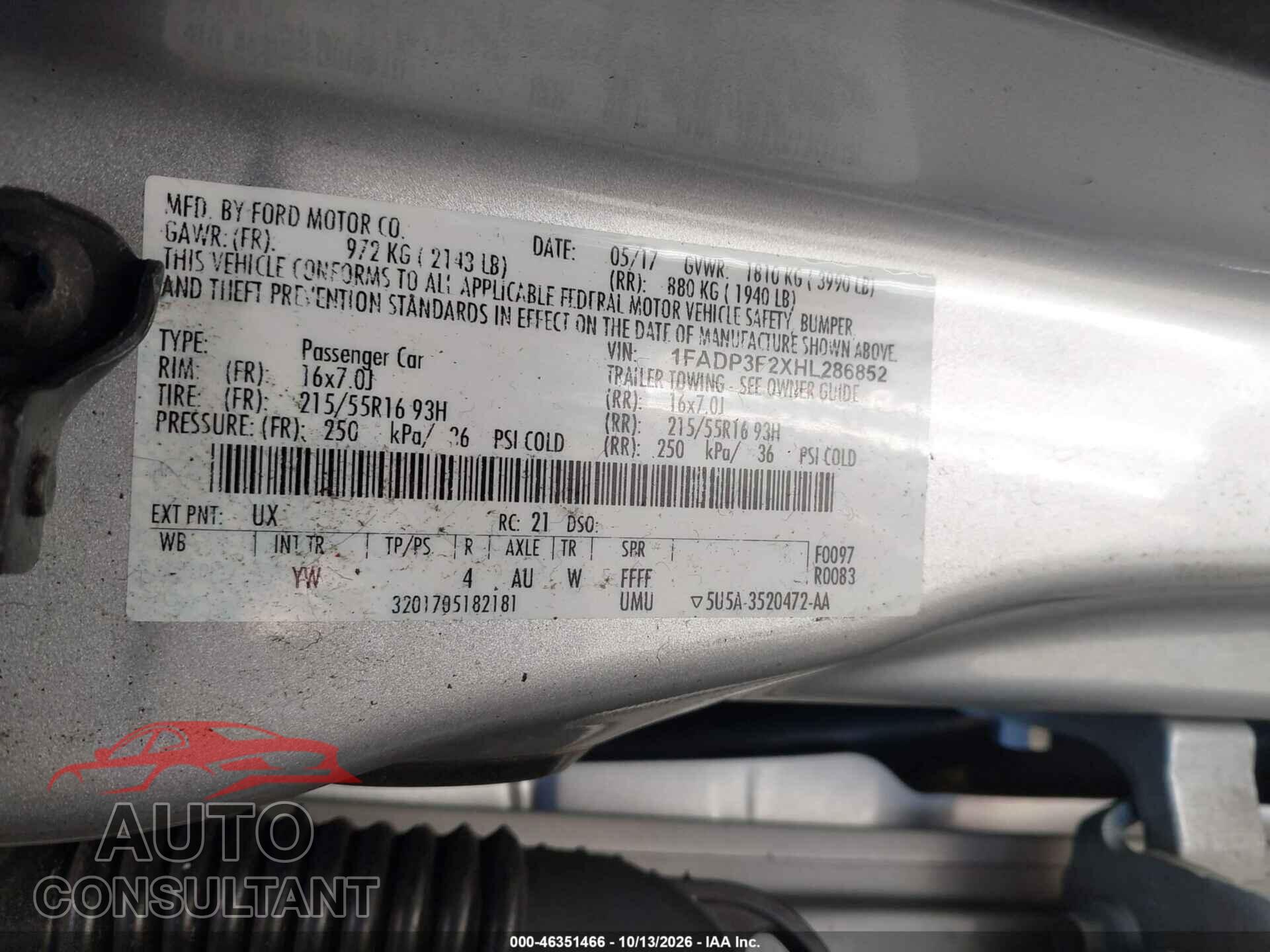 FORD FOCUS 2017 - 1FADP3F2XHL286852