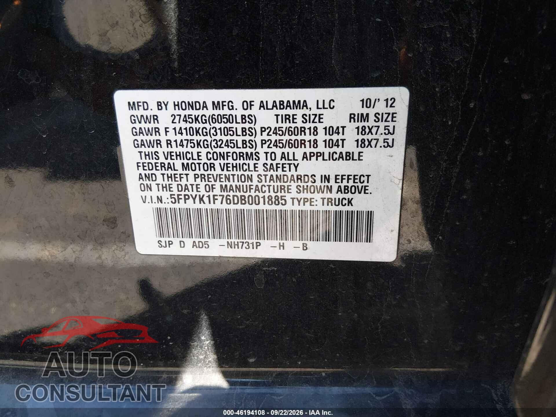 HONDA RIDGELINE 2013 - 5FPYK1F76DB001885