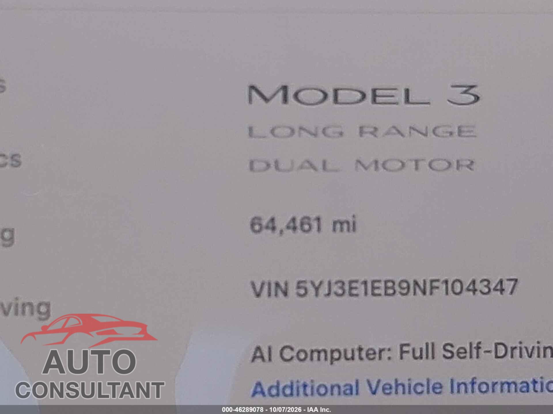 TESLA MODEL 3 2022 - 5YJ3E1EB9NF104347