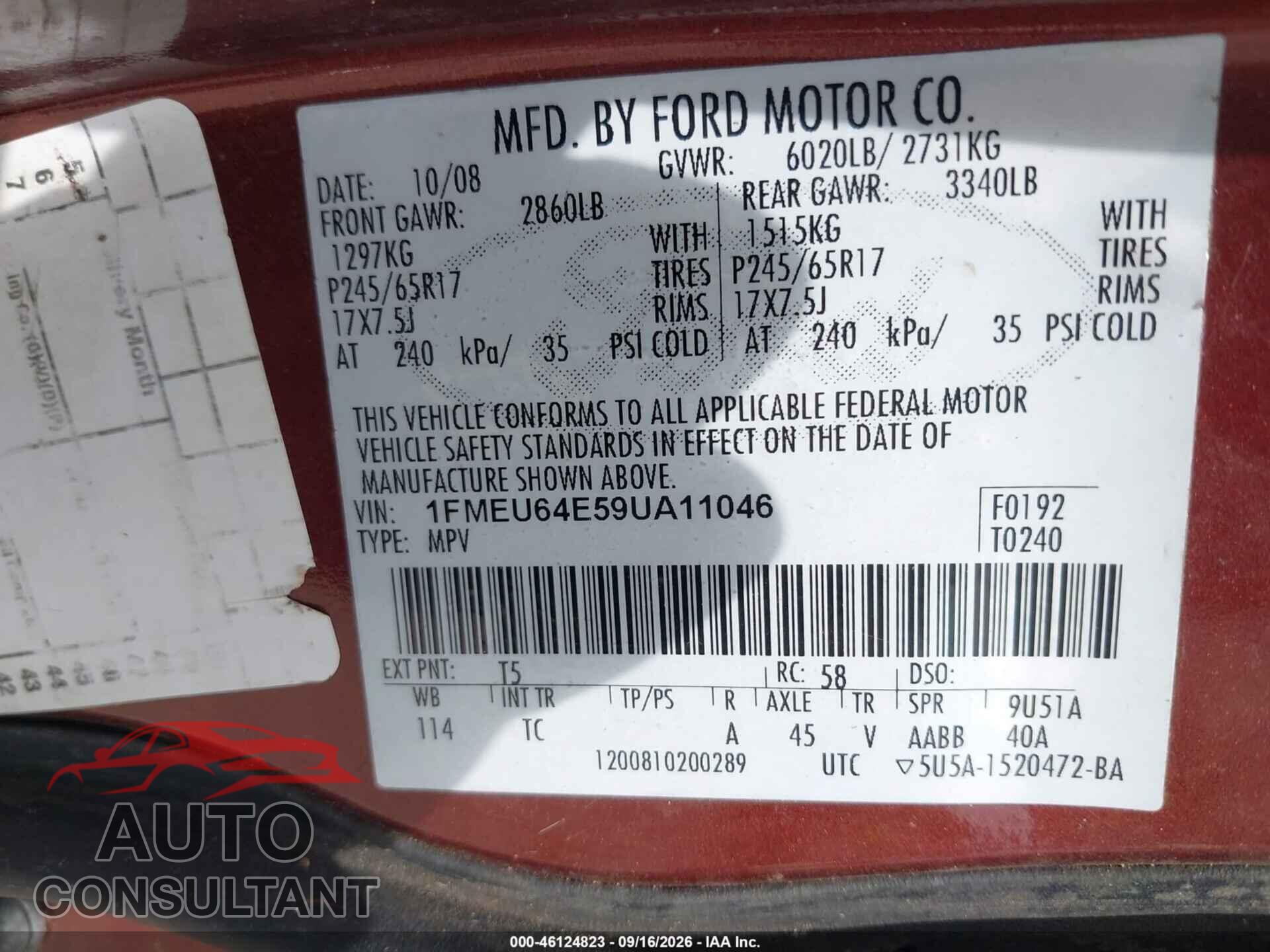 FORD EXPLORER 2009 - 1FMEU64E59UA11046