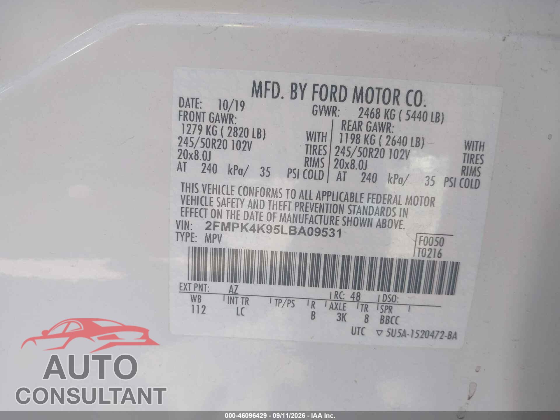 FORD EDGE 2020 - 2FMPK4K95LBA09531