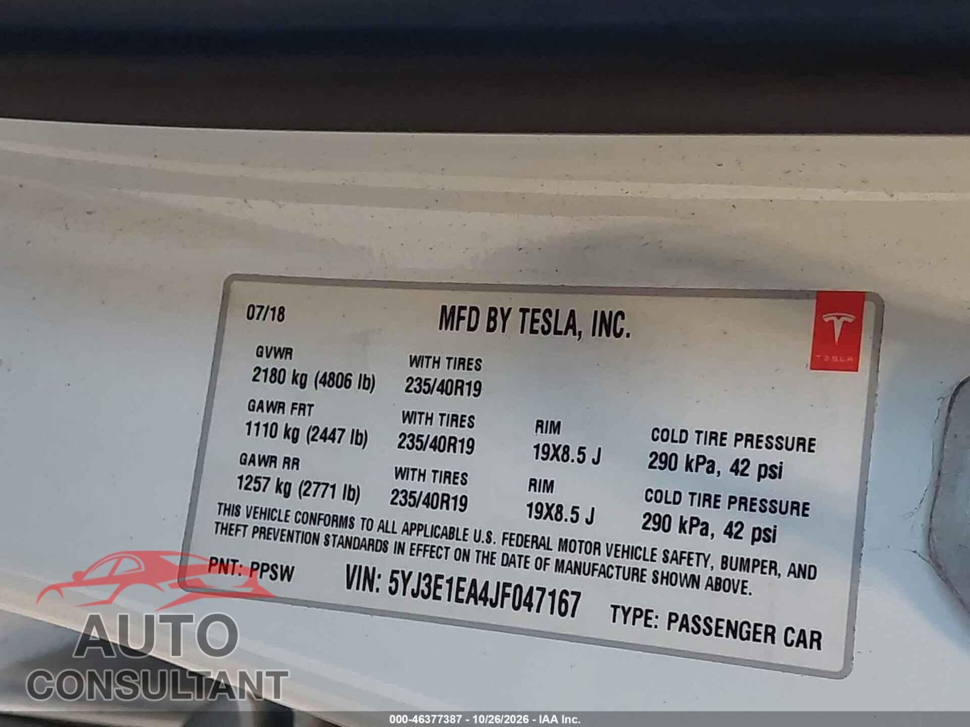 TESLA MODEL 3 2018 - 5YJ3E1EA4JF047167